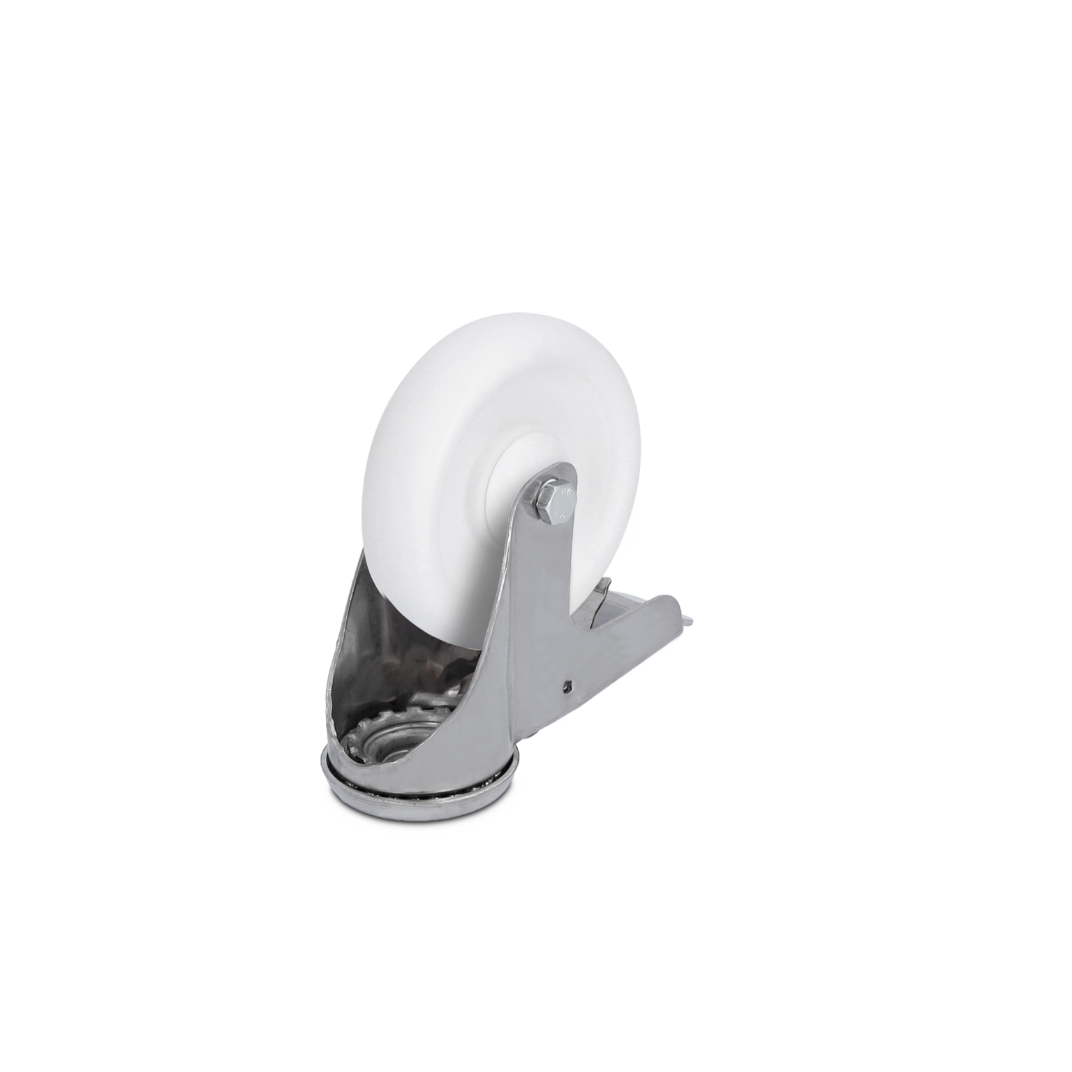 A white plastic wheel is mounted on a shiny metal bracket. The bracket includes a mounting plate with a central bolt hole, designed for installation on various surfaces.