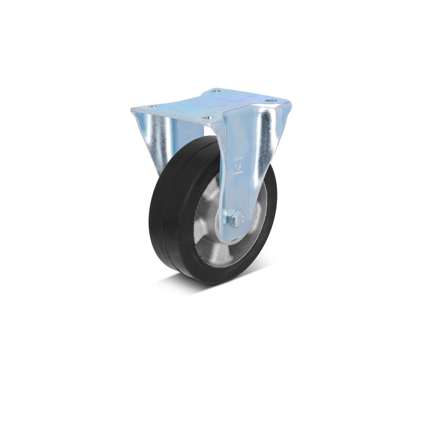 Ein Lenkrollen mit schwarzem Gummi-Rad und silberner Metallhalterung. Die Halterung hat zwei Löcher zur Befestigung. Der Hintergrund ist einfarbig schwarz.