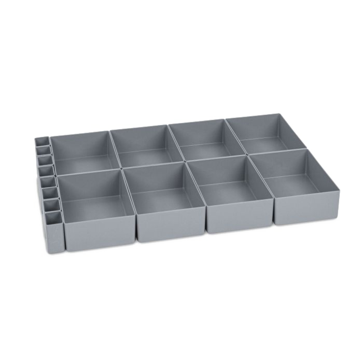 A series of nine gray plastic storage boxes, arranged in a grid, with an additional set of smaller compartments on one side. The boxes are uniform in size and design, ideal for organization.