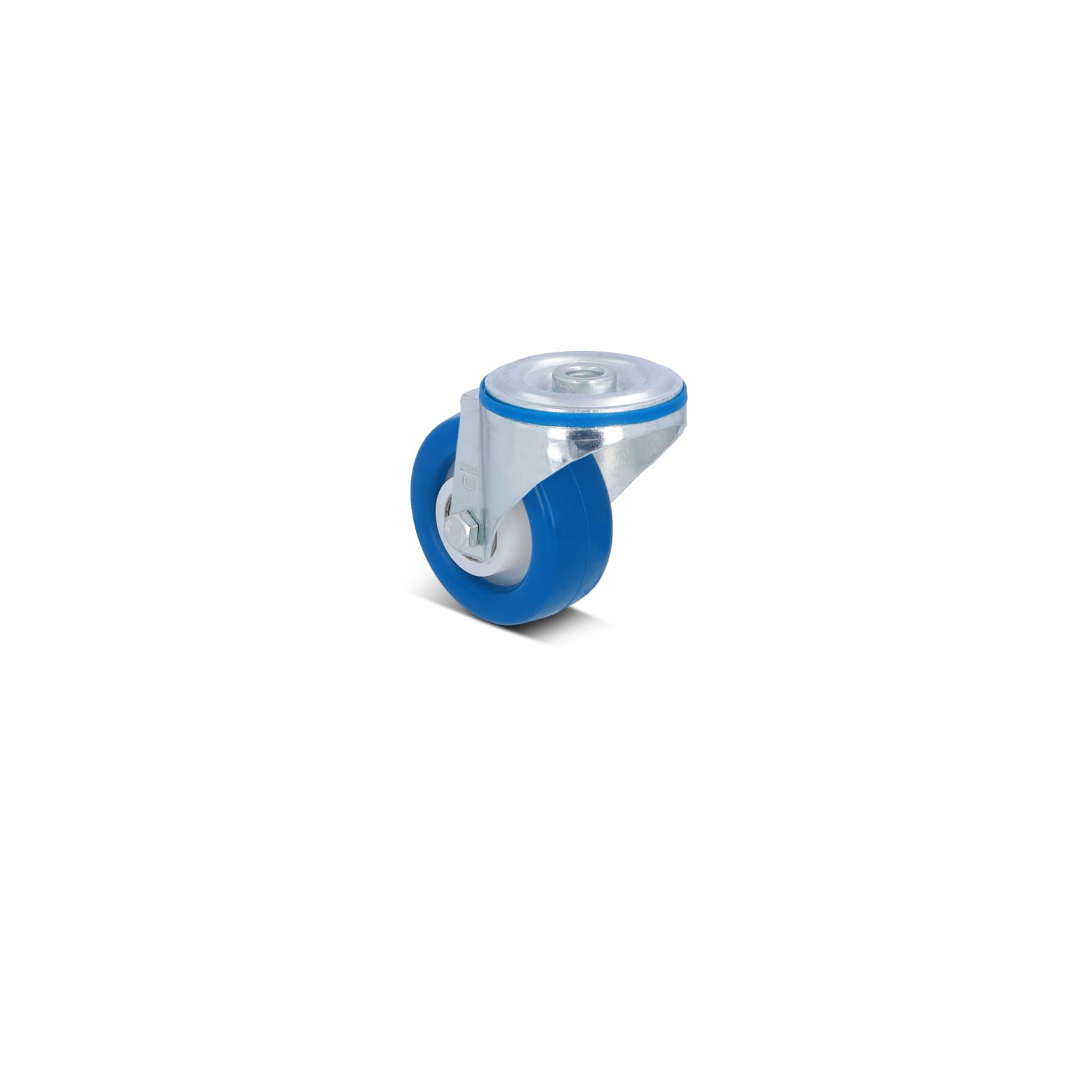 Wiel met een blauwe rubberen band en een verchroomde bevestiging. Het heeft een ronde vorm en een metalen as voor montage. De achtergrond is volledig zwart.