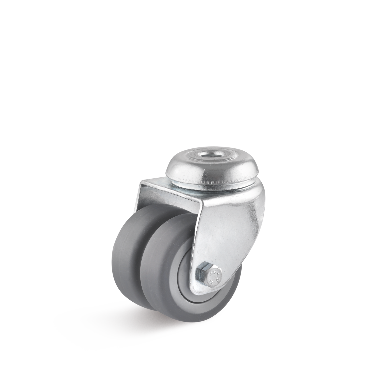 A dual-wheel caster features a metallic mounting plate with a smooth, gray rubber wheel. It is positioned for mobility, suitable for industrial applications. The overall design emphasizes durability and functionality.