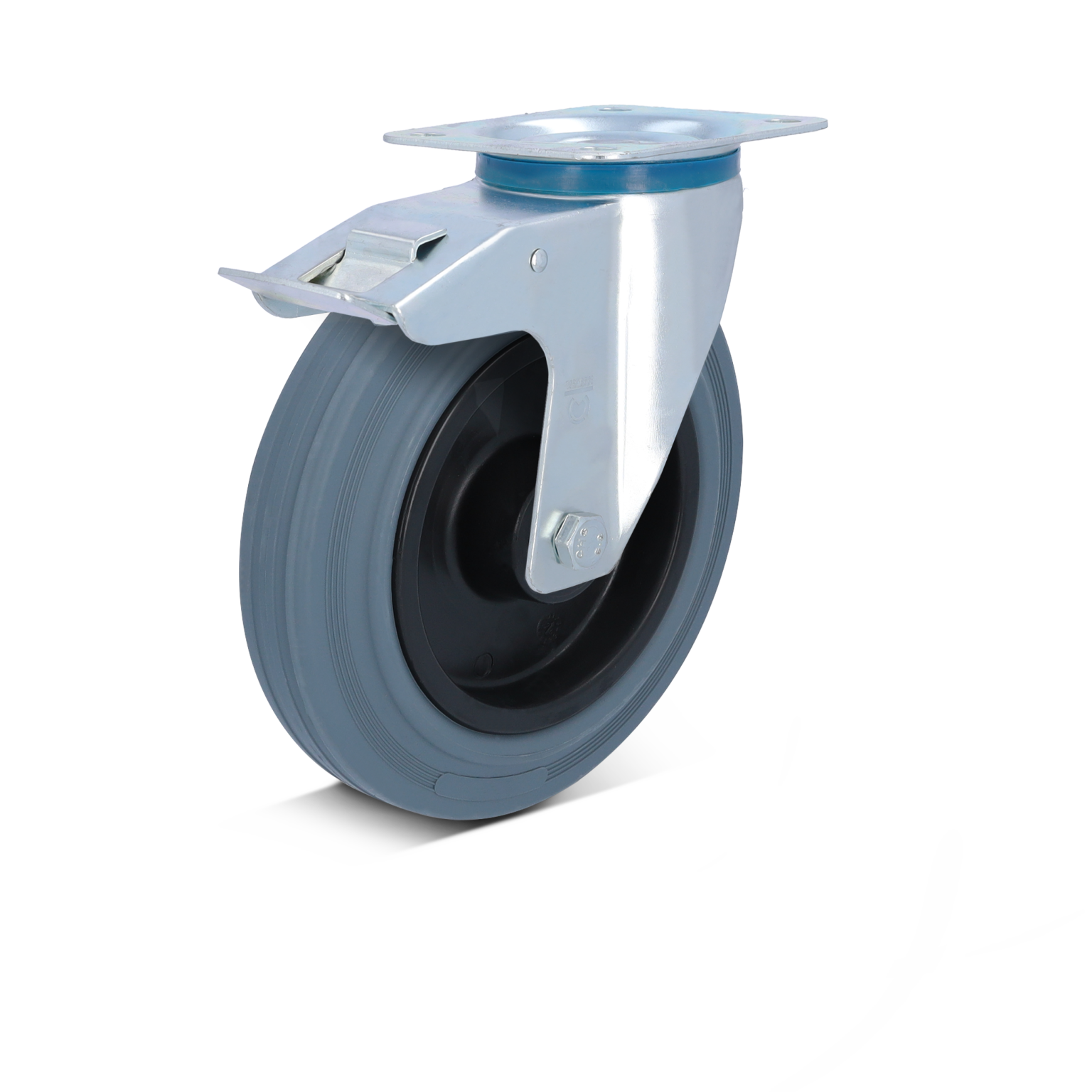 Zwenkwiel met een grijze rubberen band en een metalen bevestigingsplaat. Het wiel is verticaal geplaatst en heeft een zwarte binnenkant, geschikt voor industrieel gebruik.