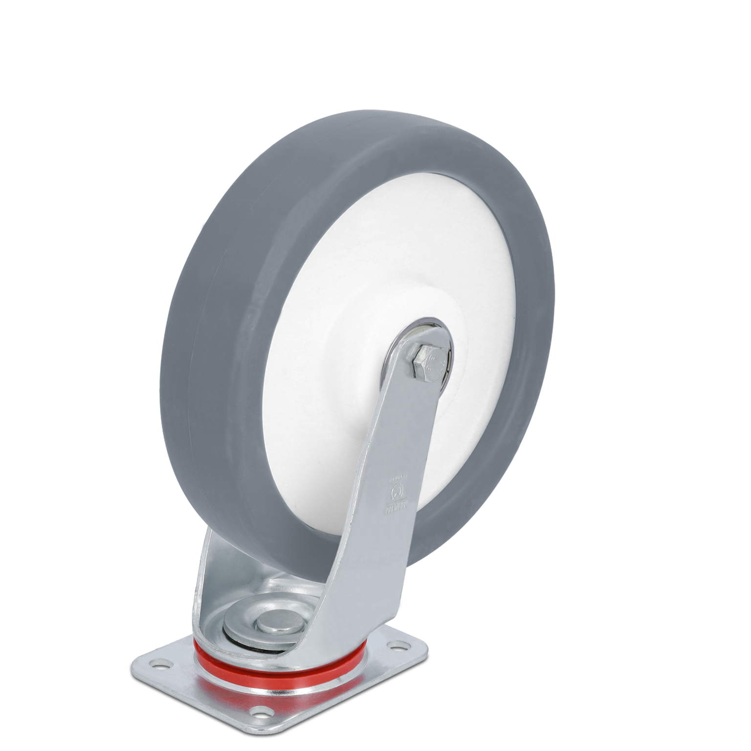 Een grijze industrieel wiel met een witte binnenring is gemonteerd op een metalen steuntje. Het wiel heeft een ronde vorm en een glanzend afwerklaag, geproduceerd voor gebruik in magazijnen of transporttoepassingen.