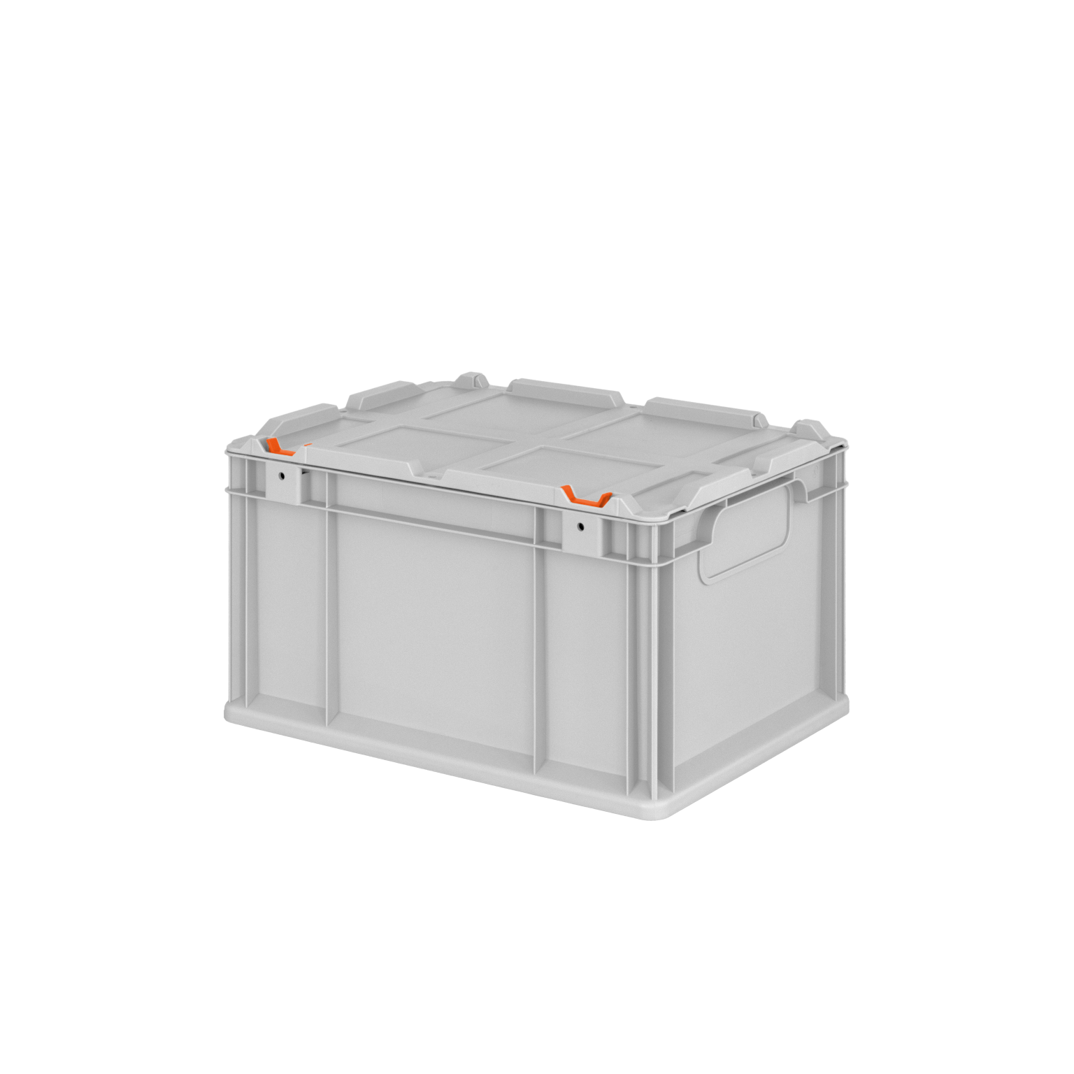 A gray plastic storage box features a removable lid with orange handles on the sides for easy maneuverability. It has a structured design, suitable for transporting and organizing materials in industrial settings.