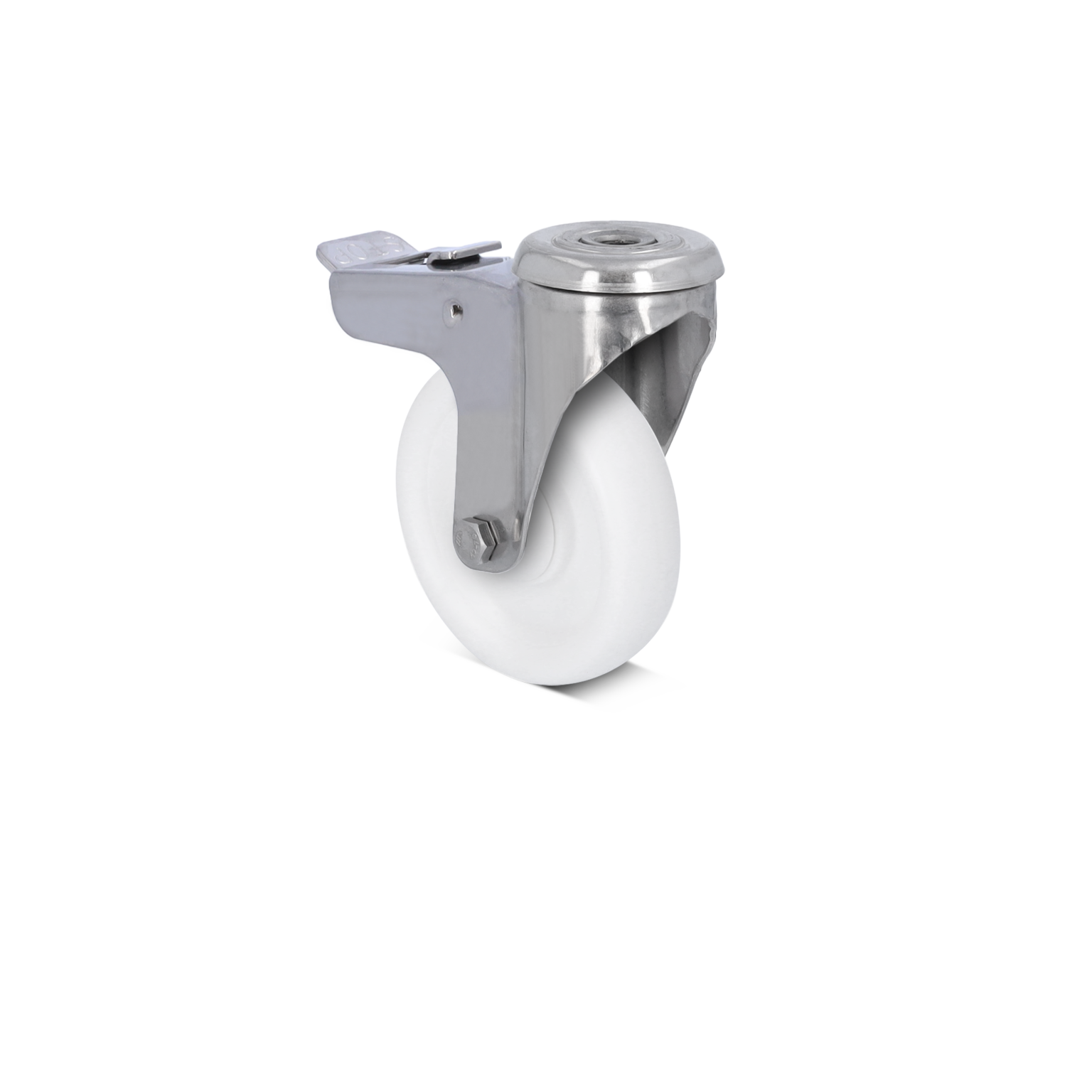 A swivel caster features a white wheel mounted on a sturdy metal bracket. The bracket includes a locking mechanism and is designed for ease of movement in various settings, ensuring stability and durability.