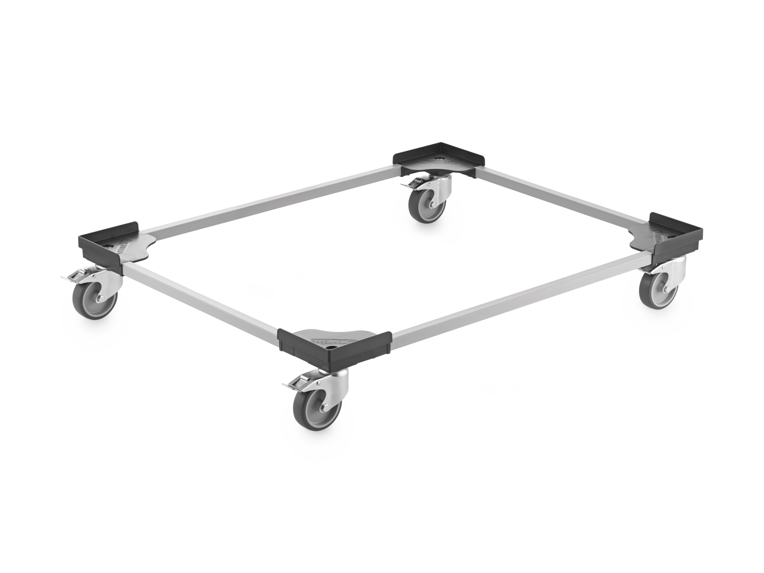 Square transport trolley frame with four swivel castors. Made from metal with a lightweight design, it is positioned horizontally and designed for moving loads easily in various environments.