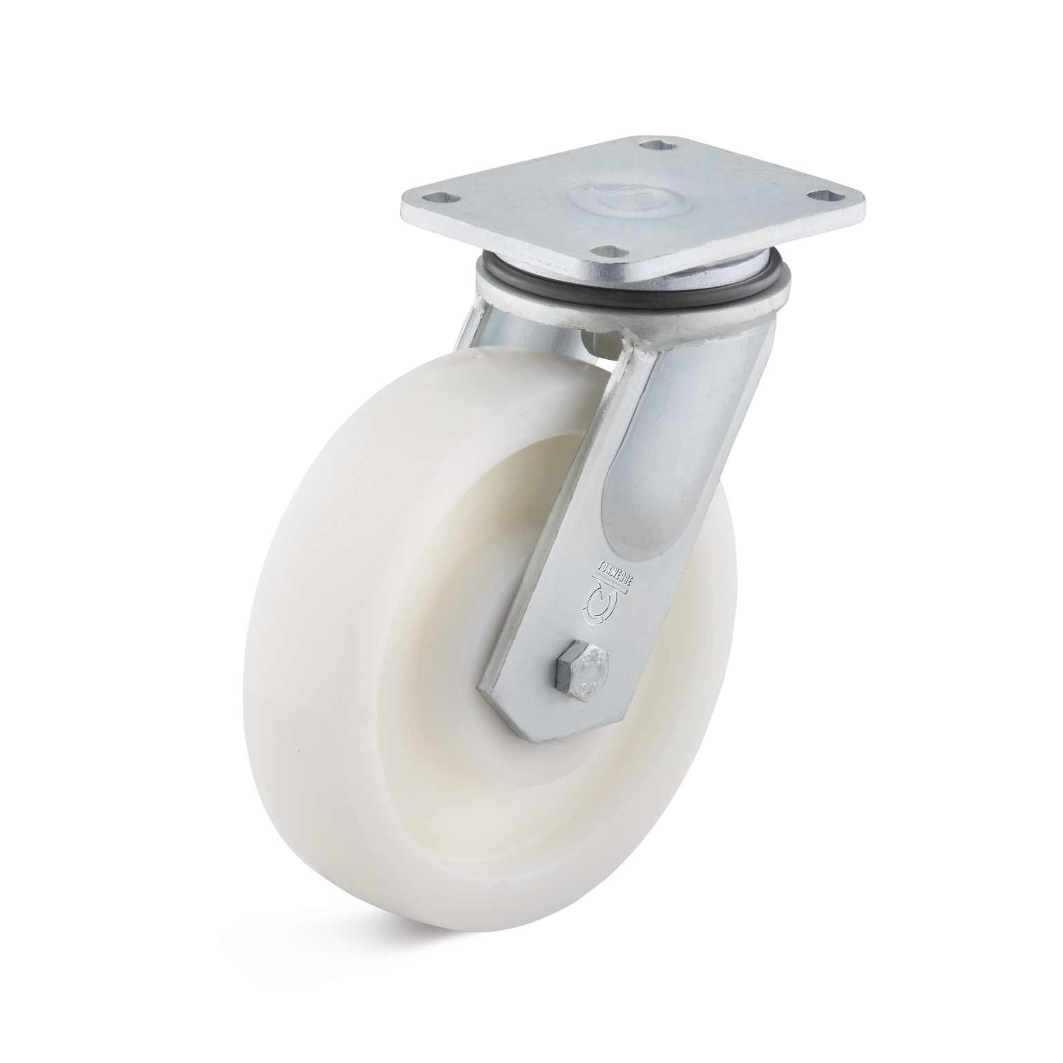 A white industrial wheel with a metal mounting plate is positioned at an angle. The wheel features a smooth profile, while the metal parts are shiny, indicating durability and functionality in material handling applications.