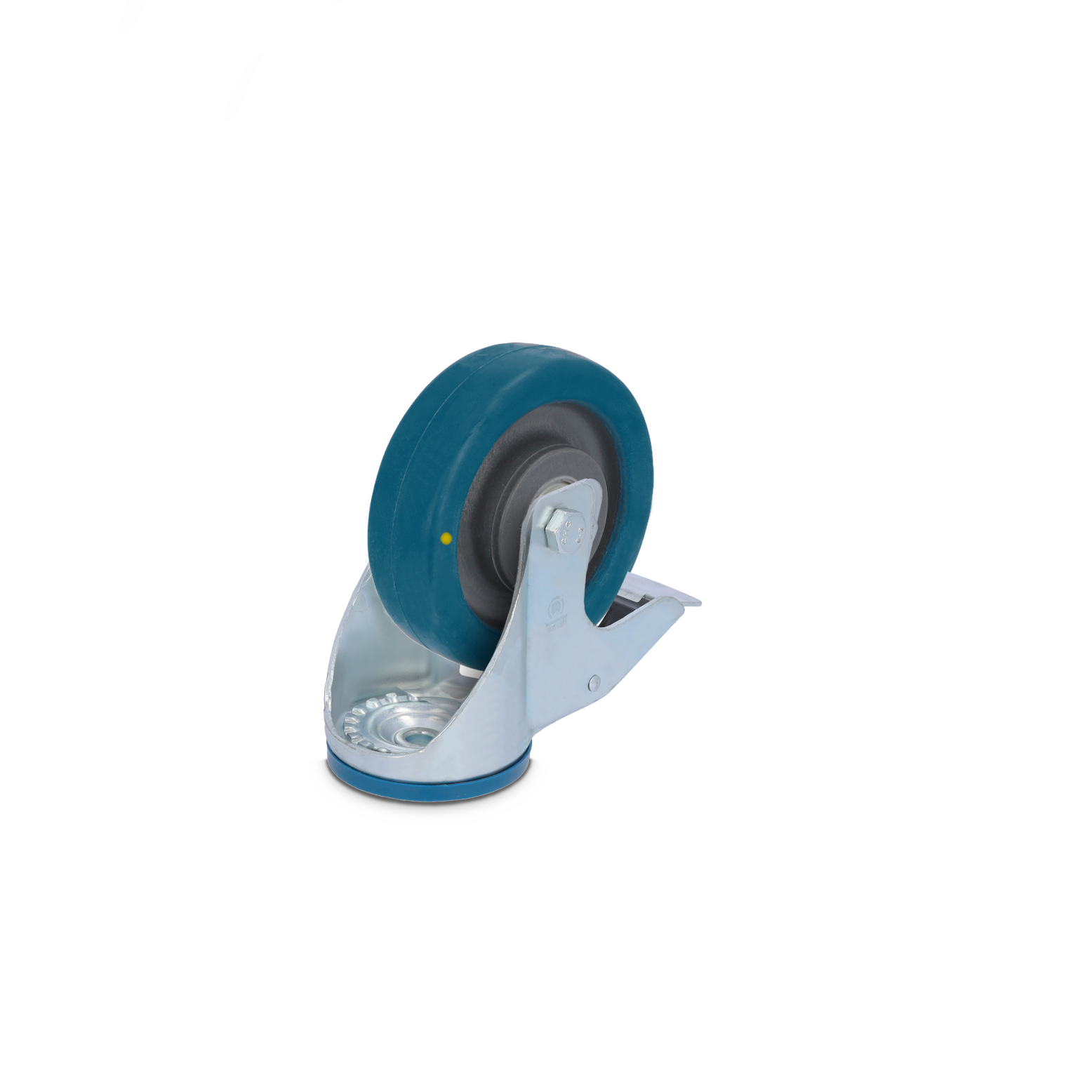 Zwenkwiel met een blauwe rubberen band en metalen beugel. Het is positioneel bevestigd en geschikt voor industriële toepassingen, met een glanzende afwerking en een robuust ontwerp.