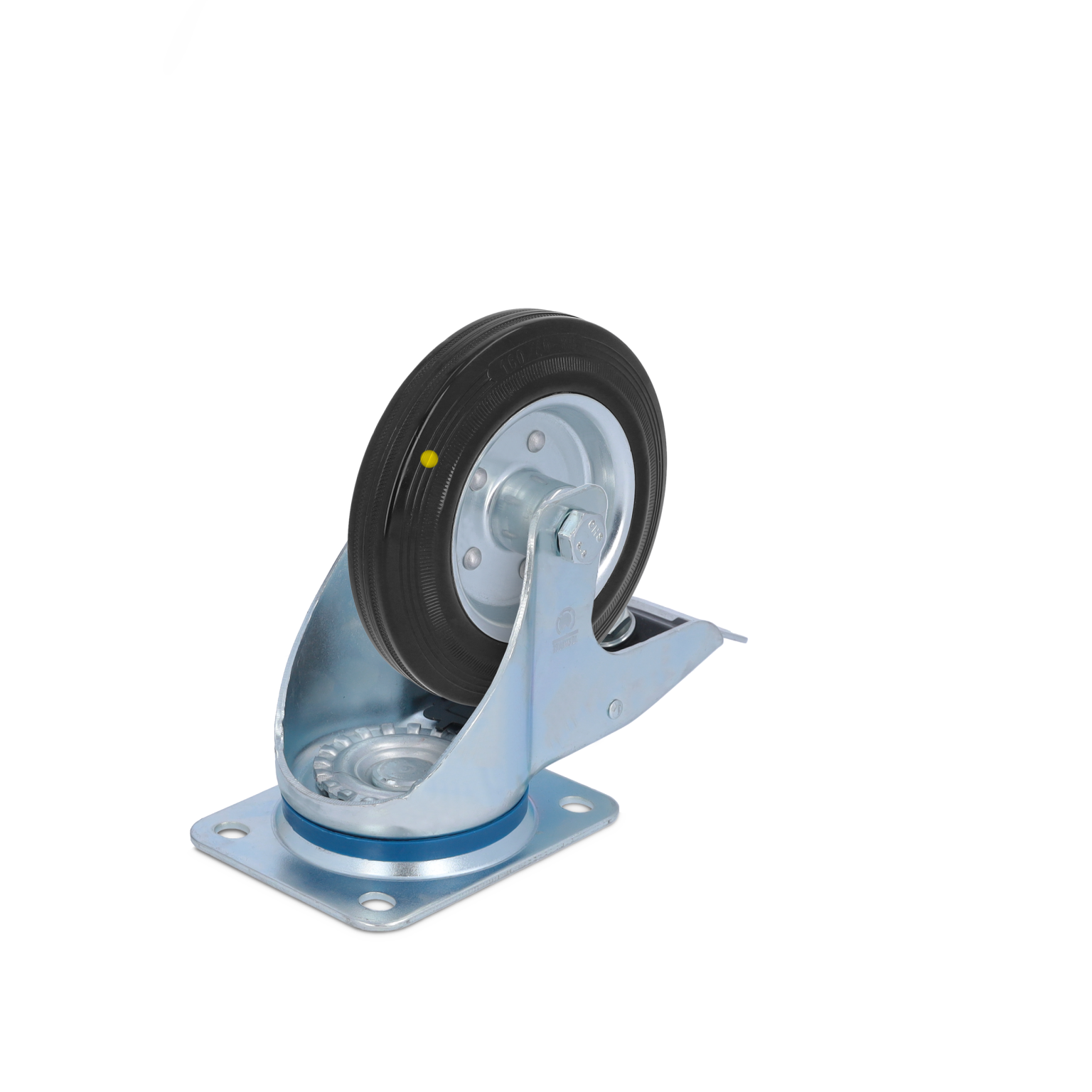 A swivel castor with a solid black rubber wheel is mounted on a silver metal bracket. The wheel features a bearing at the center, allowing rotation, and is positioned on a flat surface.