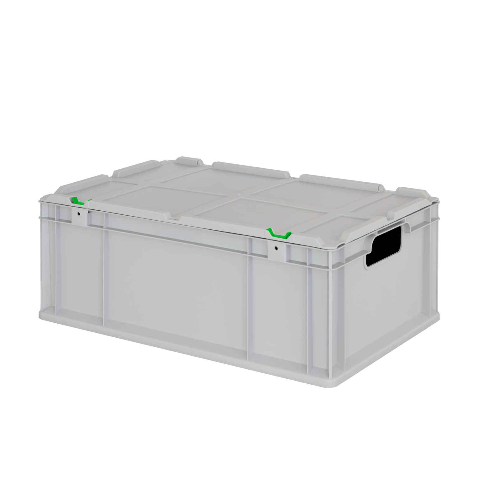 Ein grauer Lagerbox mit einem festen Deckel und seitlichen Grifföffnungen, ausgestattet mit grünen Clips zur Sicherung. Die Box steht auf einer neutralen schwarzen Fläche.