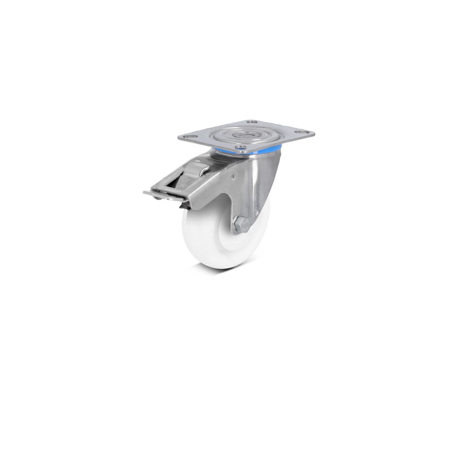 A swivel castor features a white wheel mounted on a metal bracket, showcasing a flat mounting plate with a circular design and a silver metallic finish, suitable for various industrial applications.