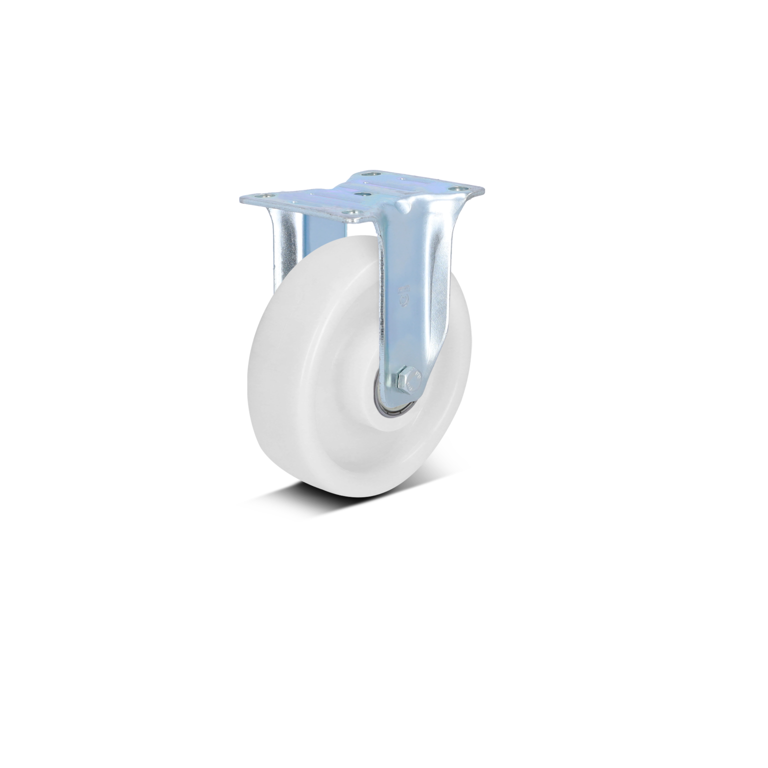 A white plastic wheel is mounted on a shiny metal bracket. The bracket includes a bolt for attachment. The background is plain and does not distract from the wheel assembly.
