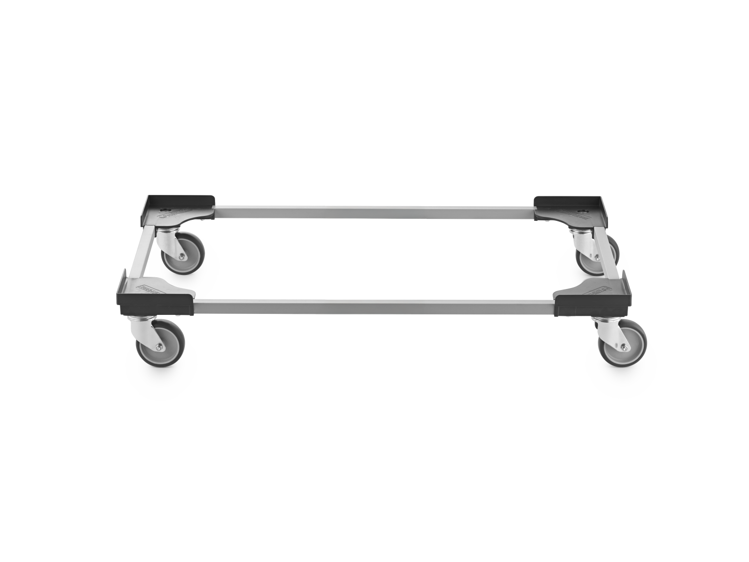A rectangular transport trolley features four swivel castors on each corner. It is made of sturdy materials, with a sleek design emphasizing mobility and stability. The background is blank and minimalistic.