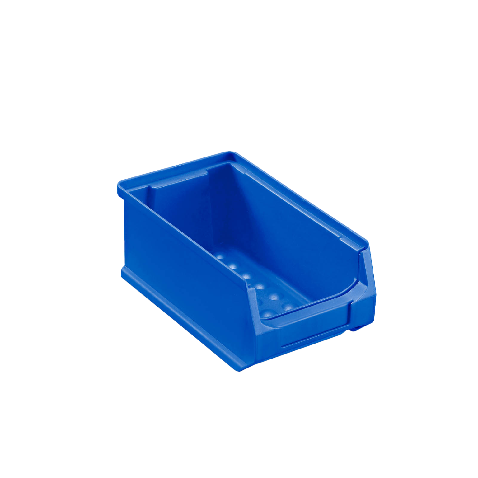 A blue plastic storage bin features a rectangular shape with an open top and one shorter edge slope, designed for organizing and storing components. It has a solid base with small raised sections inside.