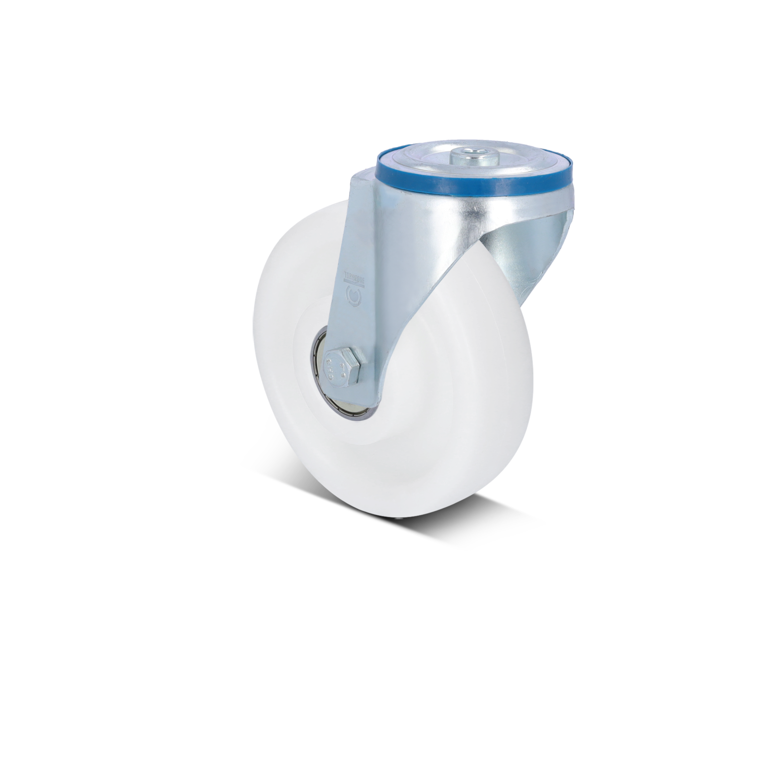 A swivel caster features a white plastic wheel mounted on a metallic bracket with a bolt. Its design indicates suitability for industrial applications, positioned against a plain background.