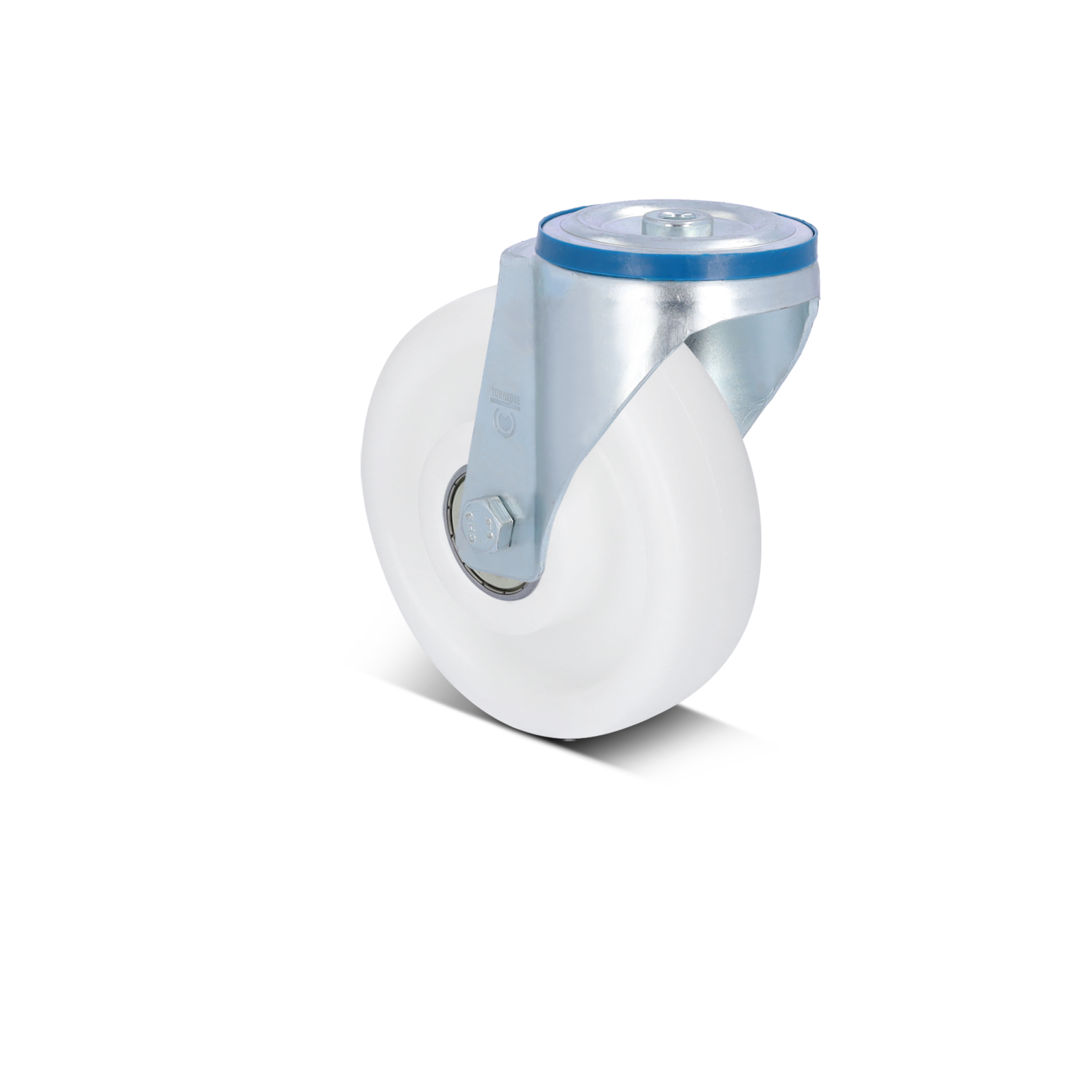A swivel caster features a white plastic wheel mounted on a metallic bracket with a bolt. Its design indicates suitability for industrial applications, positioned against a plain background.