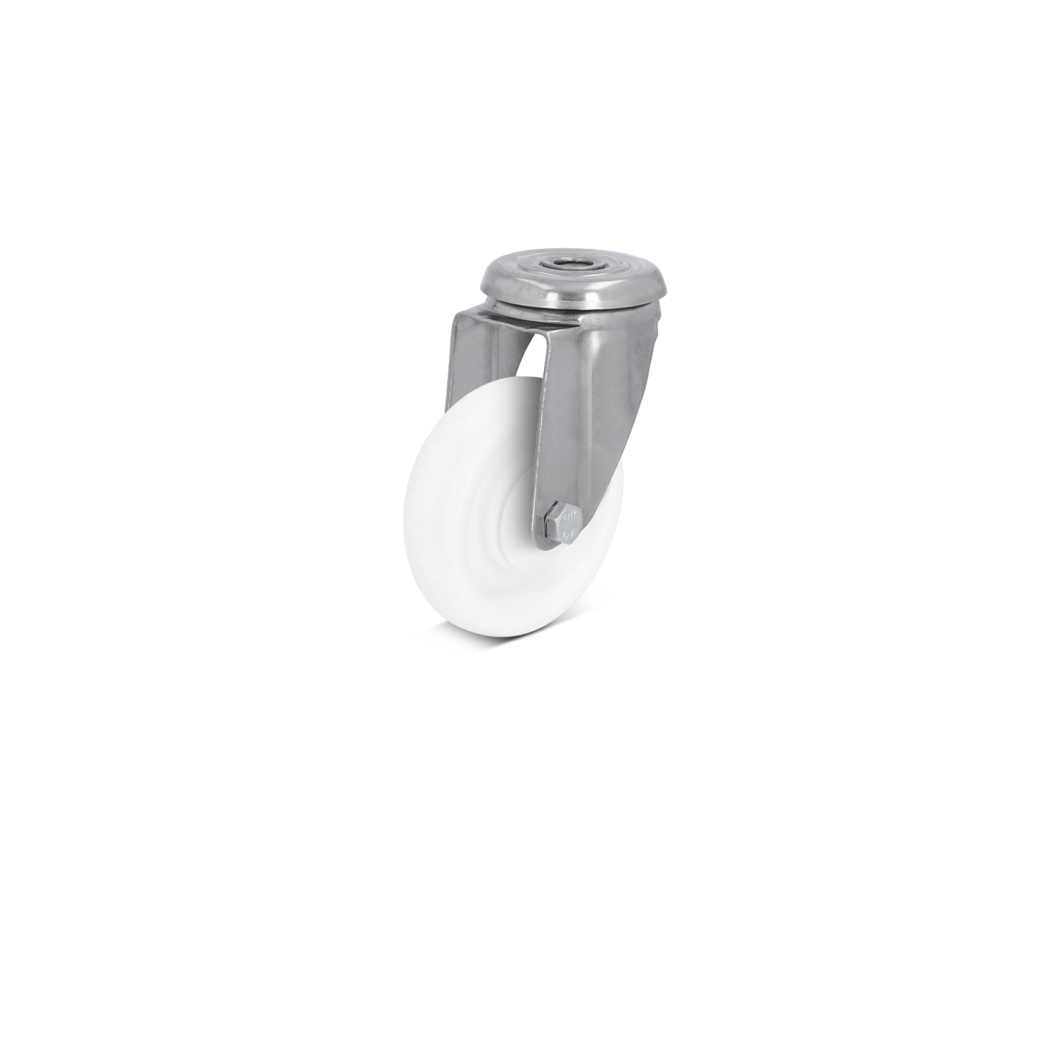 Ein mechanisches Element ist ein Rollwagenrad mit einer weißen Kunststoffrolle und einem silbernen Metallgestell. Die Rolle ist sichtbar und steht auf einer neutralen, hellen Hintergrundfläche.