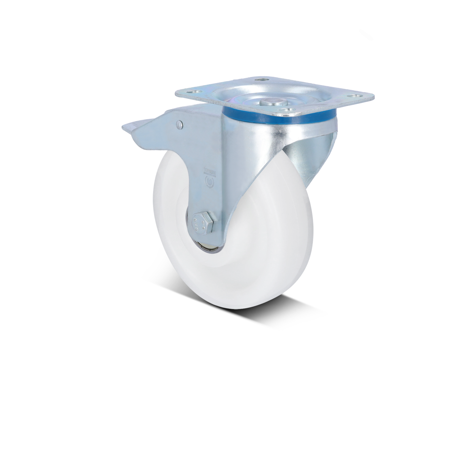 A swivel castor wheel features a durable white plastic wheel attached to a metallic bracket with a mounting plate. It is designed for smooth movement in industrial applications.