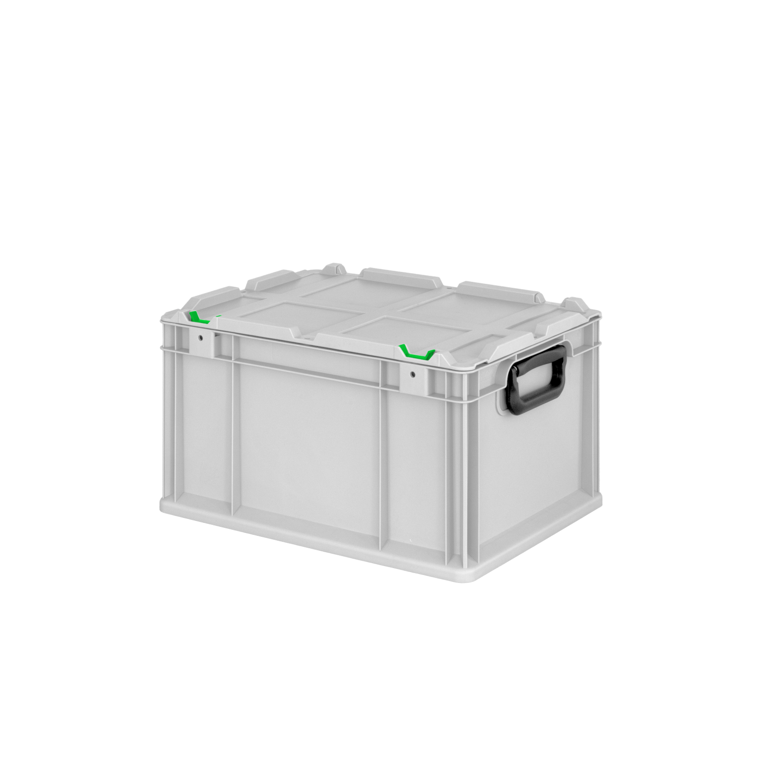 A rectangular grey plastic box features a secure lid with green clips on the edges, and a handle on the side for easy transport, set against a blank background.