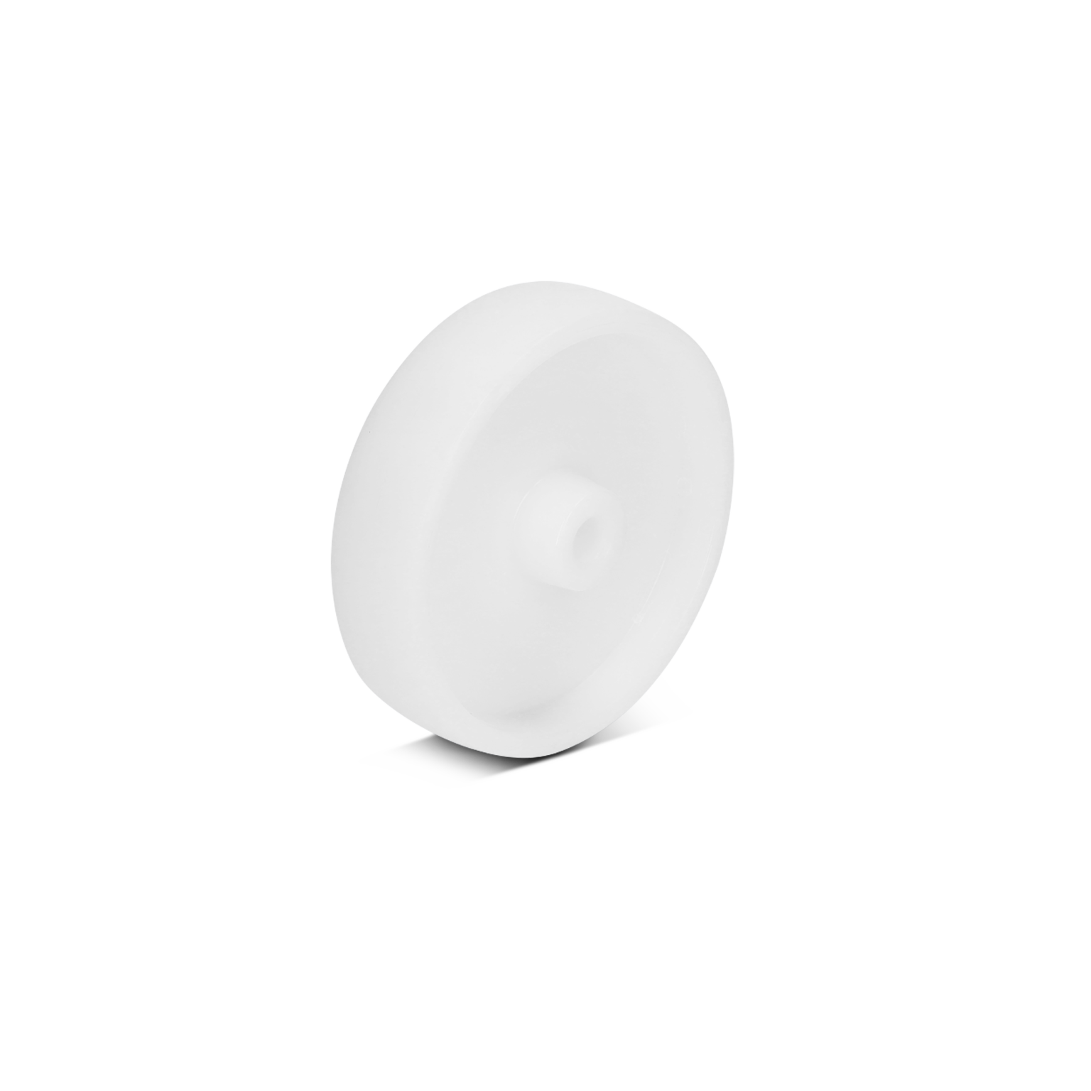 A white plastic wheel is shown, featuring a smooth surface and a central hole for mounting. It appears isolated against a simple, contrasting background, emphasizing its design.