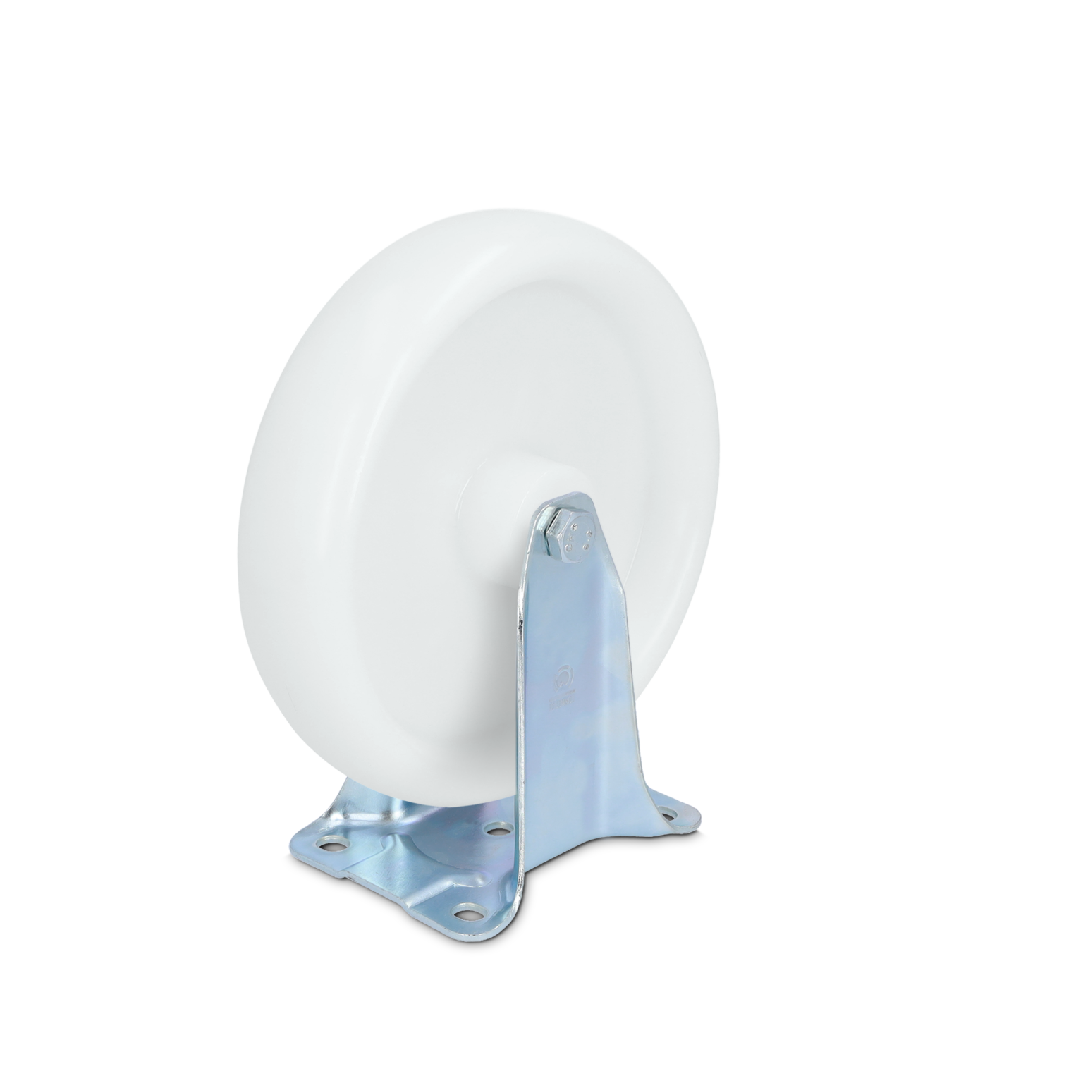 A white industrial wheel is mounted on a shiny metal bracket with a square base featuring multiple holes for attachment. The background is plain and dark, emphasizing the wheel-s design.