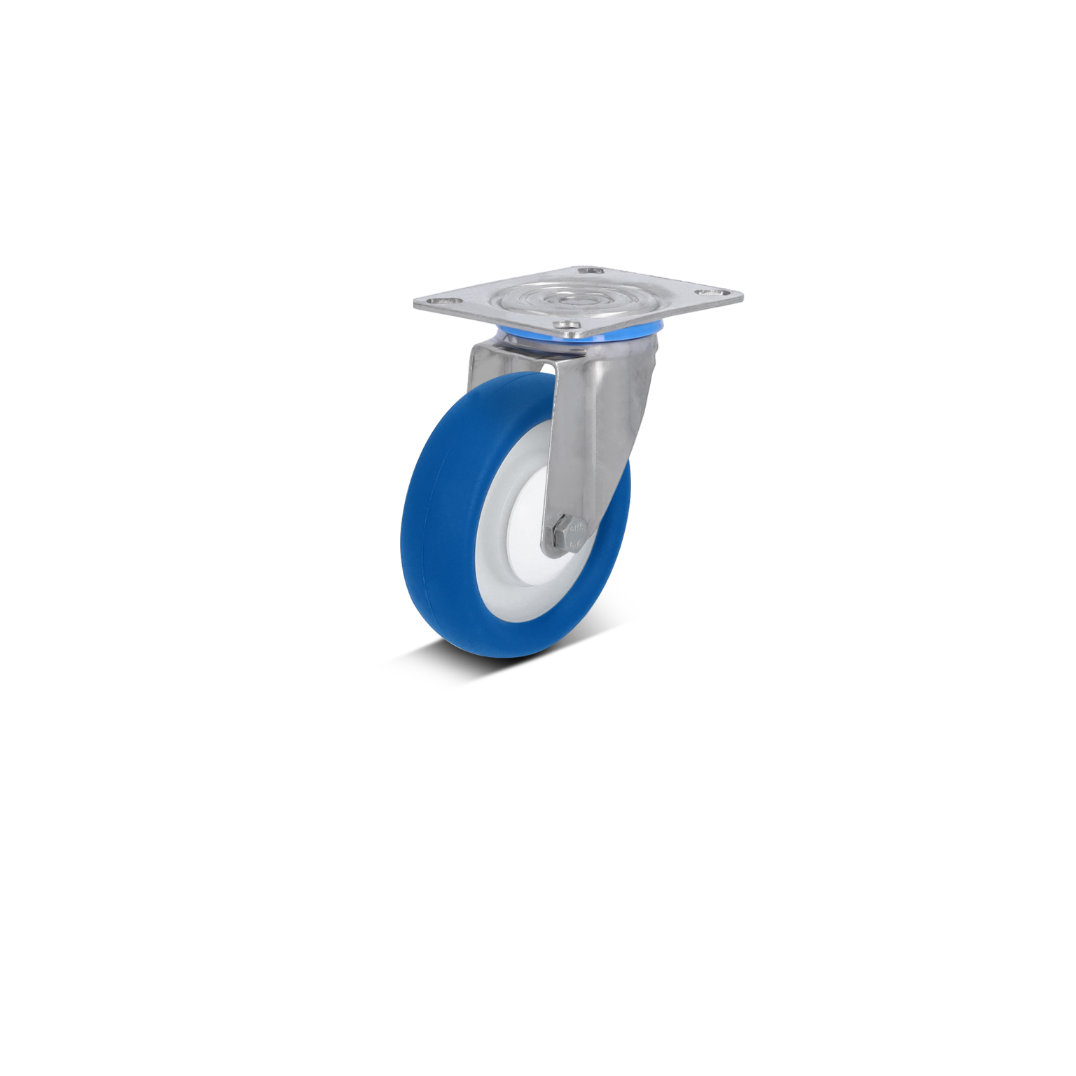 A blue rubber wheel with a white inner core is mounted on a metallic swivel bracket with a square plate. The assembly appears ready for use in material handling applications.