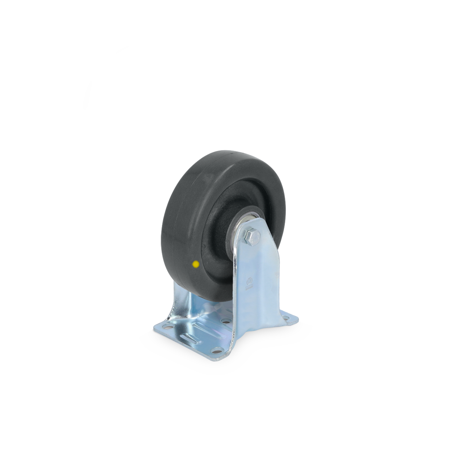 Zwarte rubberen wiel bevestigd aan een metalen montageplaat met een glanzende afwerking. Het wiel is geschikt voor industriële toepassingen en is zichtbaar op een neutrale achtergrond.