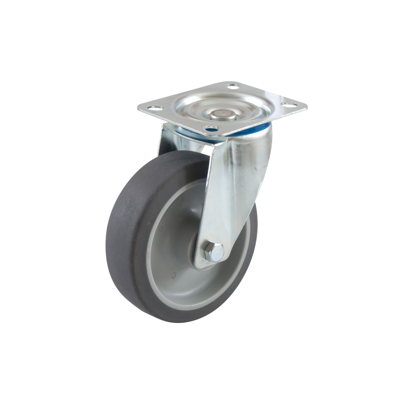 A gray industrial wheel with a rubber tire is mounted on a metal swivel plate. The wheel is positioned upright, showcasing its smooth surface and sturdy construction, suitable for material handling.