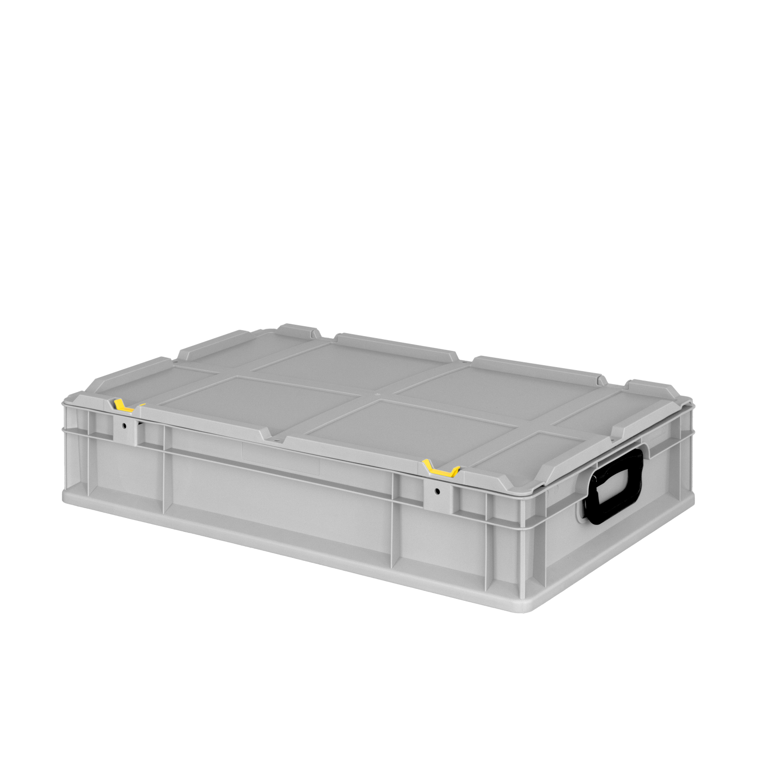 Graue Kunststoffbox mit zwei seitlichen Griffen, gelben Befestigungen und einem robusten Design. Sie ist waagerecht positioniert und könnte für den Transport oder die Lagerung von Materialien in der Industrie verwendet werden.