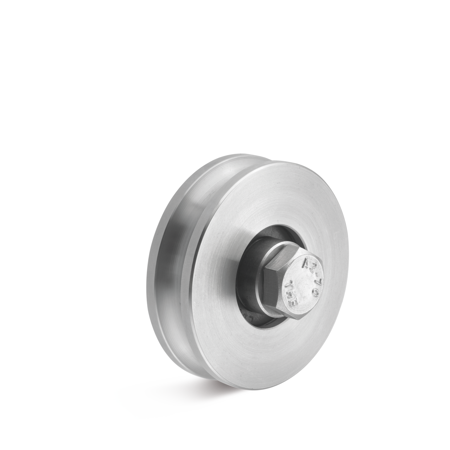 A metallic wheel with a smooth surface features a central hexagonal nut. It is positioned at an angle against a plain background, highlighting its industrial design for material handling applications.