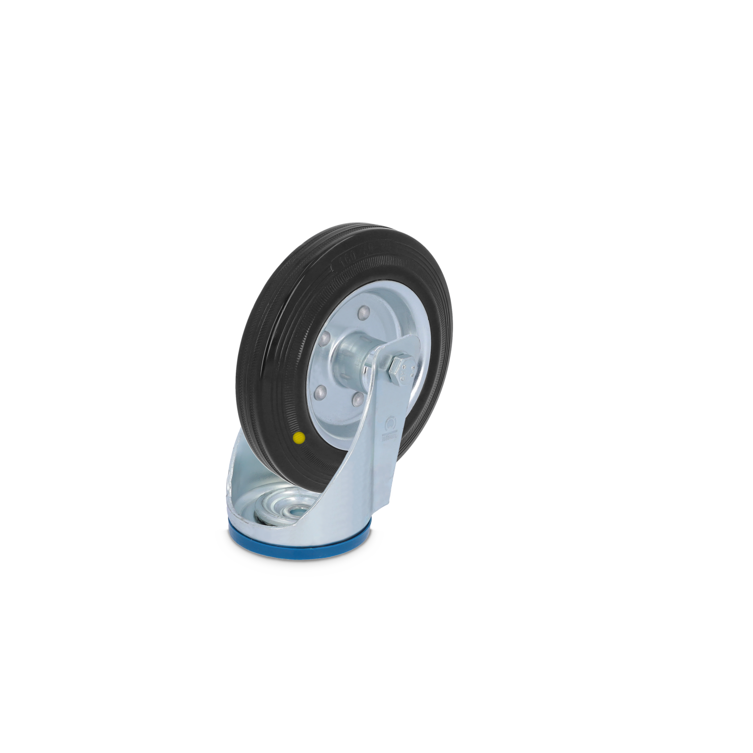 Rubber wheel with a metallic swivel bracket is displayed upright. The wheel features a smooth surface and is mounted on a silver pivoting arm, suitable for various transport applications.