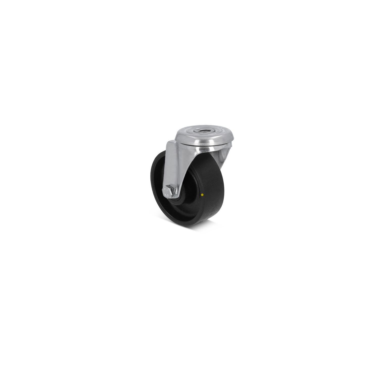 A black rubber wheel with a shiny silver metal mounting plate and swivel mechanism is displayed. It features a prominent bolt and sits on a white background, emphasizing its industrial design.
