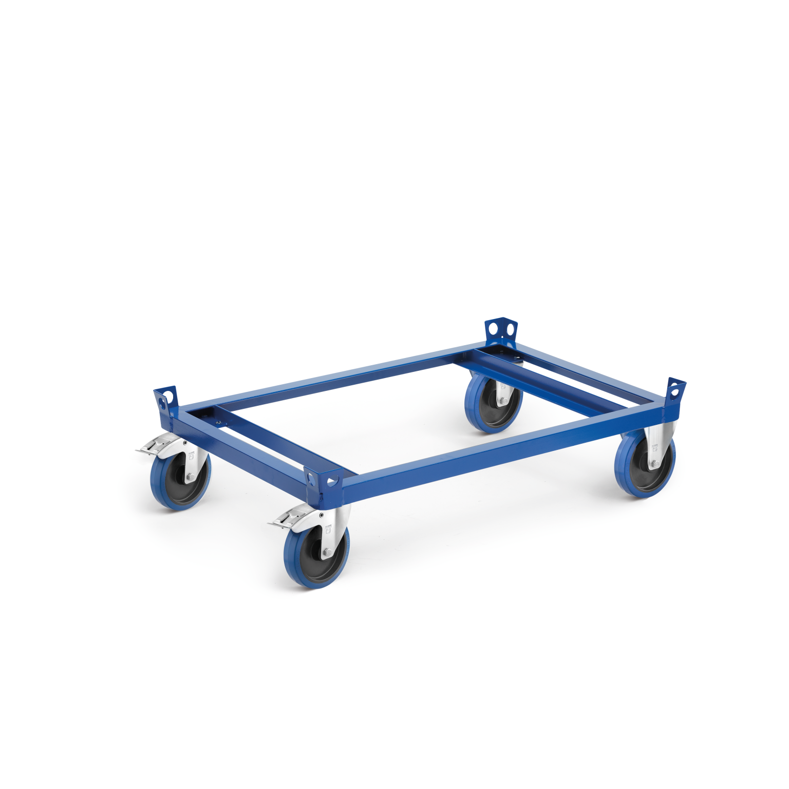 A blue metal transport trolley frame features four large gray wheels, each with a silver mounting plate. The design is simple and intended for moving heavy loads in industrial settings.