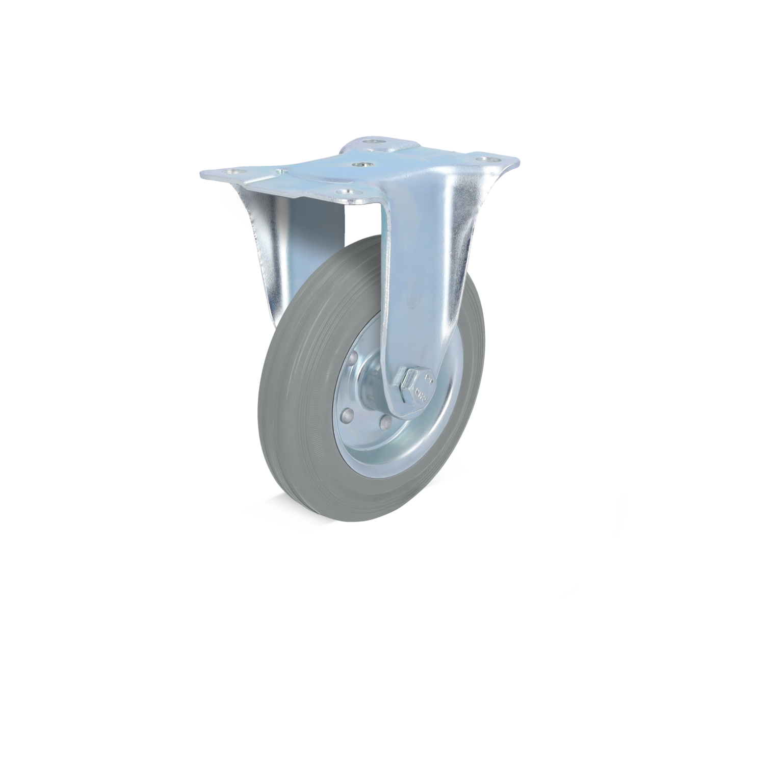 A grey rubber wheel is mounted on a metallic swivel plate, showcasing a sturdy construction. The wheel is designed for smooth movement, suitable for industrial applications. The background is plain.