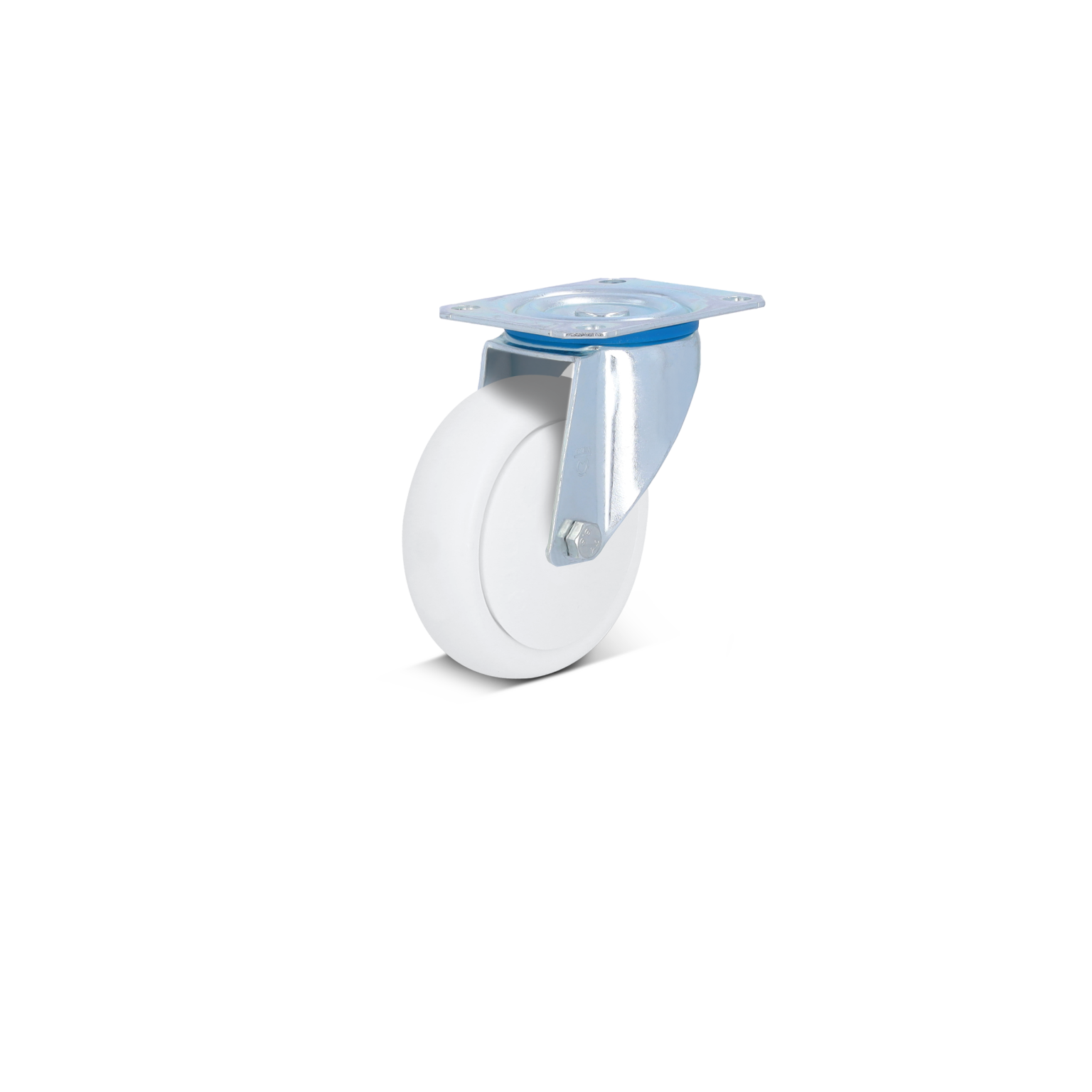 A white industrial wheel mounted on a silver metal bracket features a flat mounting plate. The wheel is positioned upright, suitable for use in material handling applications.