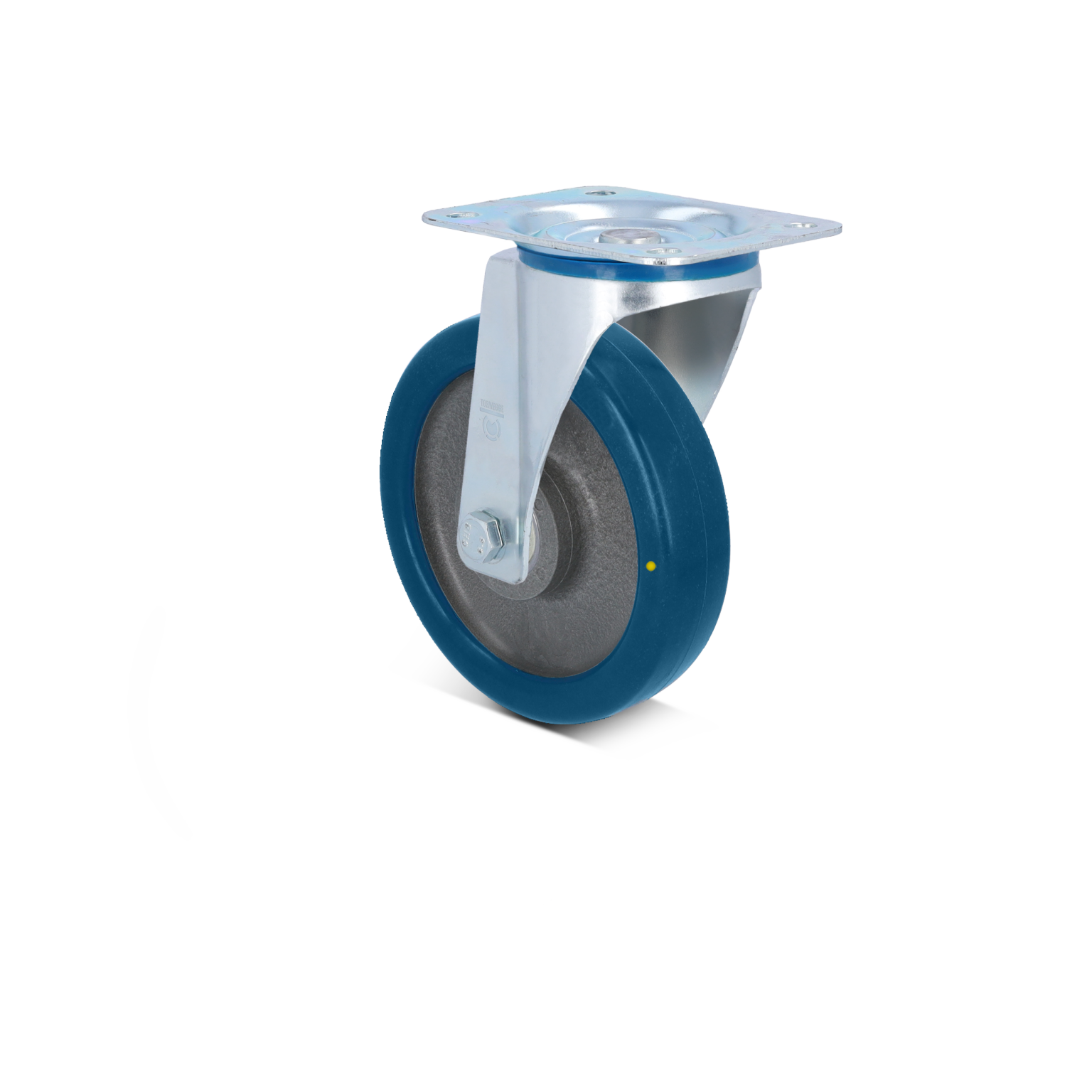 Zwenkwiel met een metalen bevestigingsplaat en een blauwe rubberen band. Het wiel heeft een grijze binnenzijde en is gepositioneerd voor presentatie op een neutrale achtergrond.