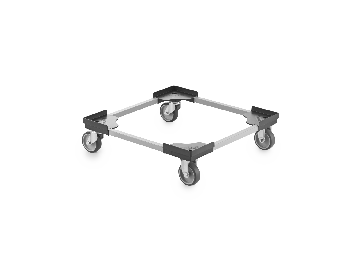 A hexagonal transport platform is featured. It has a sturdy metal frame with four wheels attached. The frame is designed for mobility and stability in transporting goods within an industrial setting.