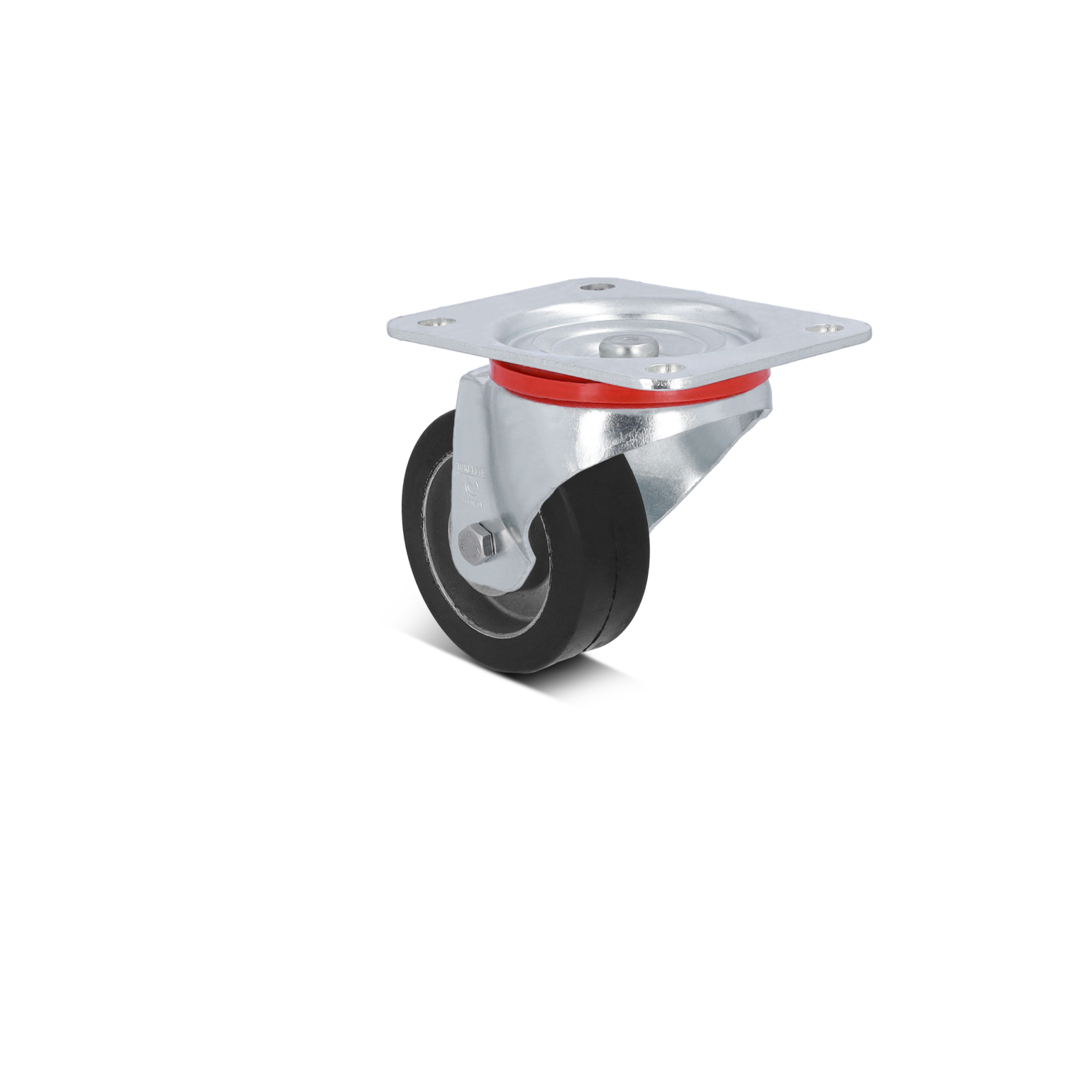 A metal swivel castor with a black rubber wheel and a shiny silver mounting plate is displayed. The casting features a red accent ring and is designed for smooth movement in industrial applications.