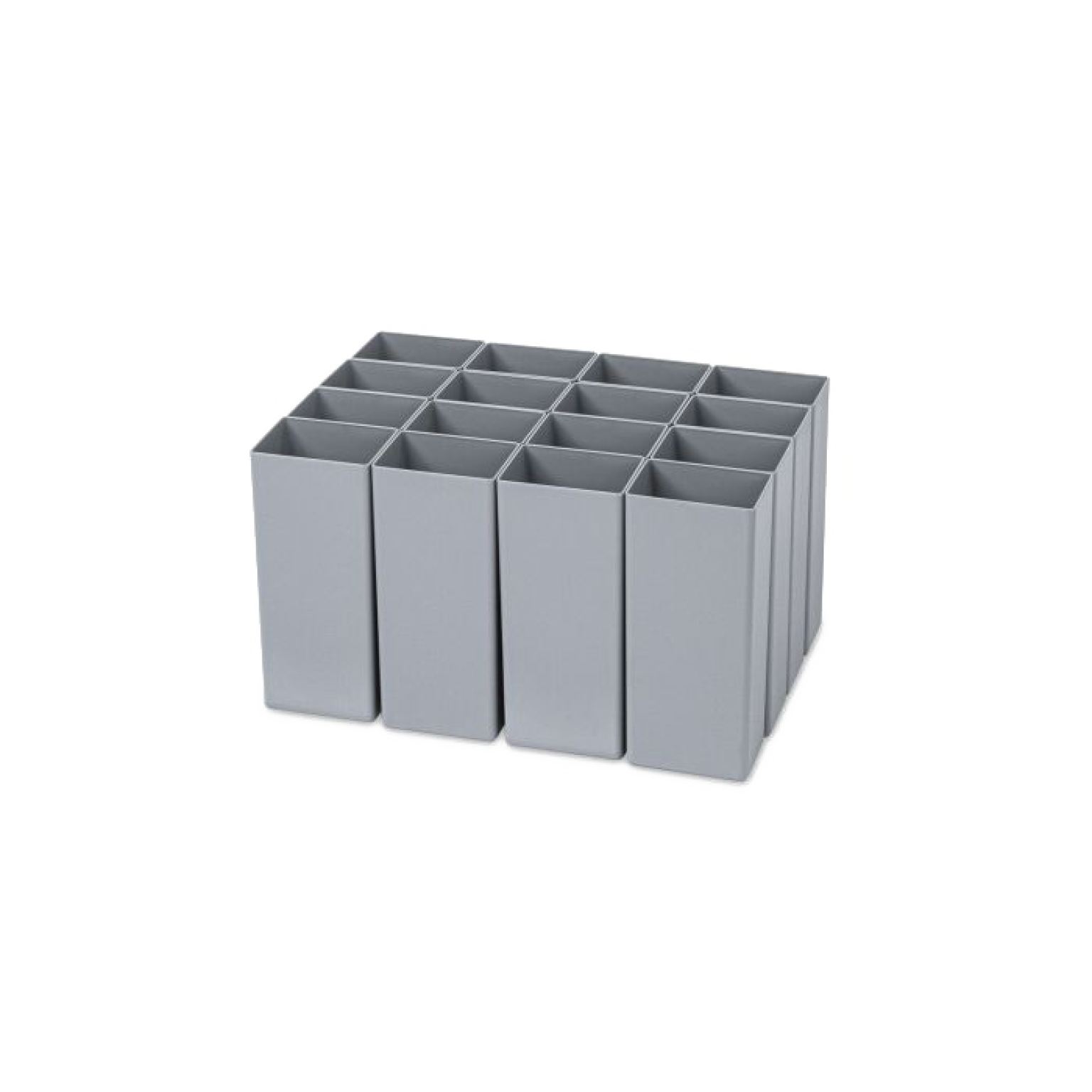A gray plastic storage container with multiple rectangular compartments is presented. It features a structured design, allowing for organized storage of items. The background is plain, emphasizing the container-s shape and function.