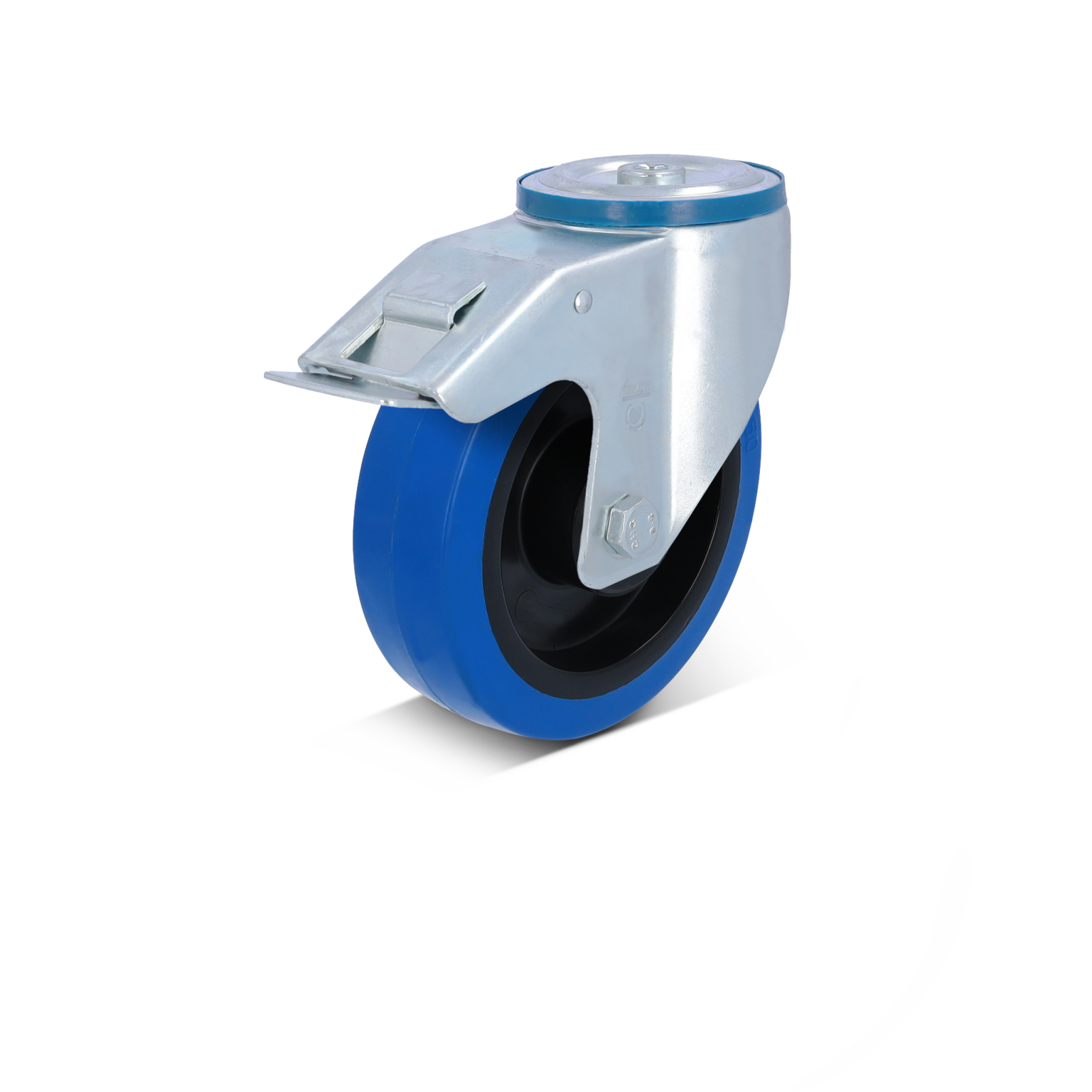 Standard-Stopp-Lenkrolle mit Rückenloch – Blue Wheel Gummirad, zylindrisch, Rollenlager – 160 mm