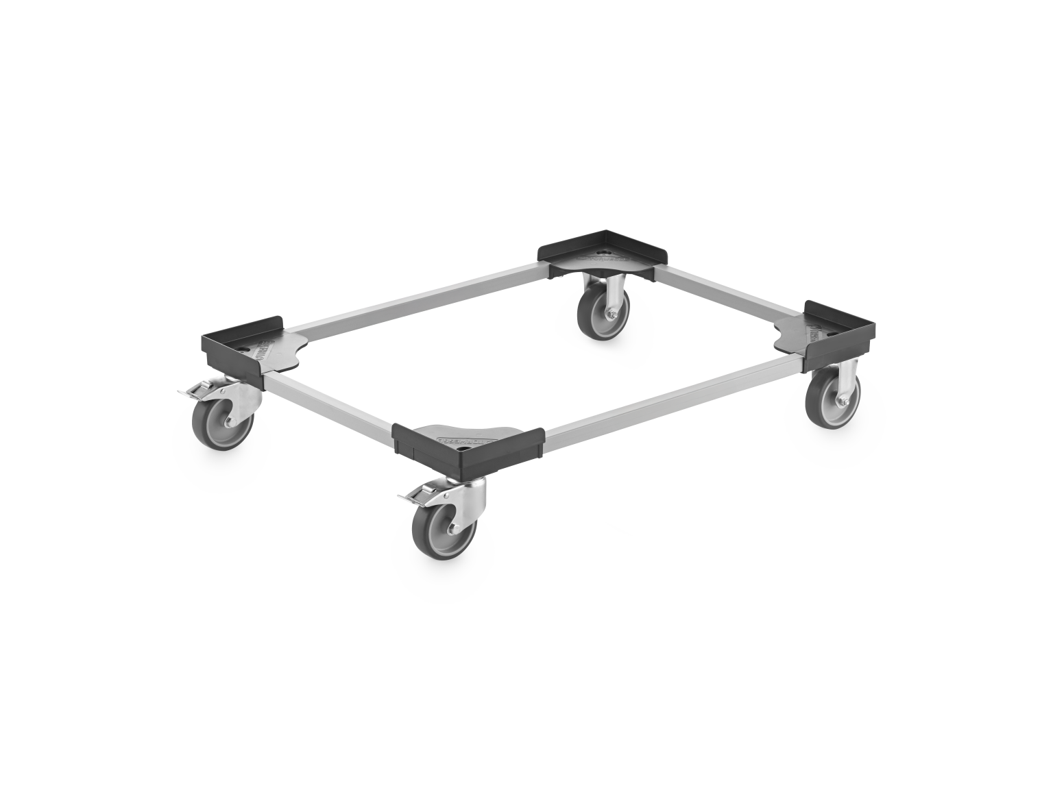 A rectangular transport trolley with four swivel castors attached at each corner and metal side frames for stability. The background is plain, emphasizing the trolley-s design and function.