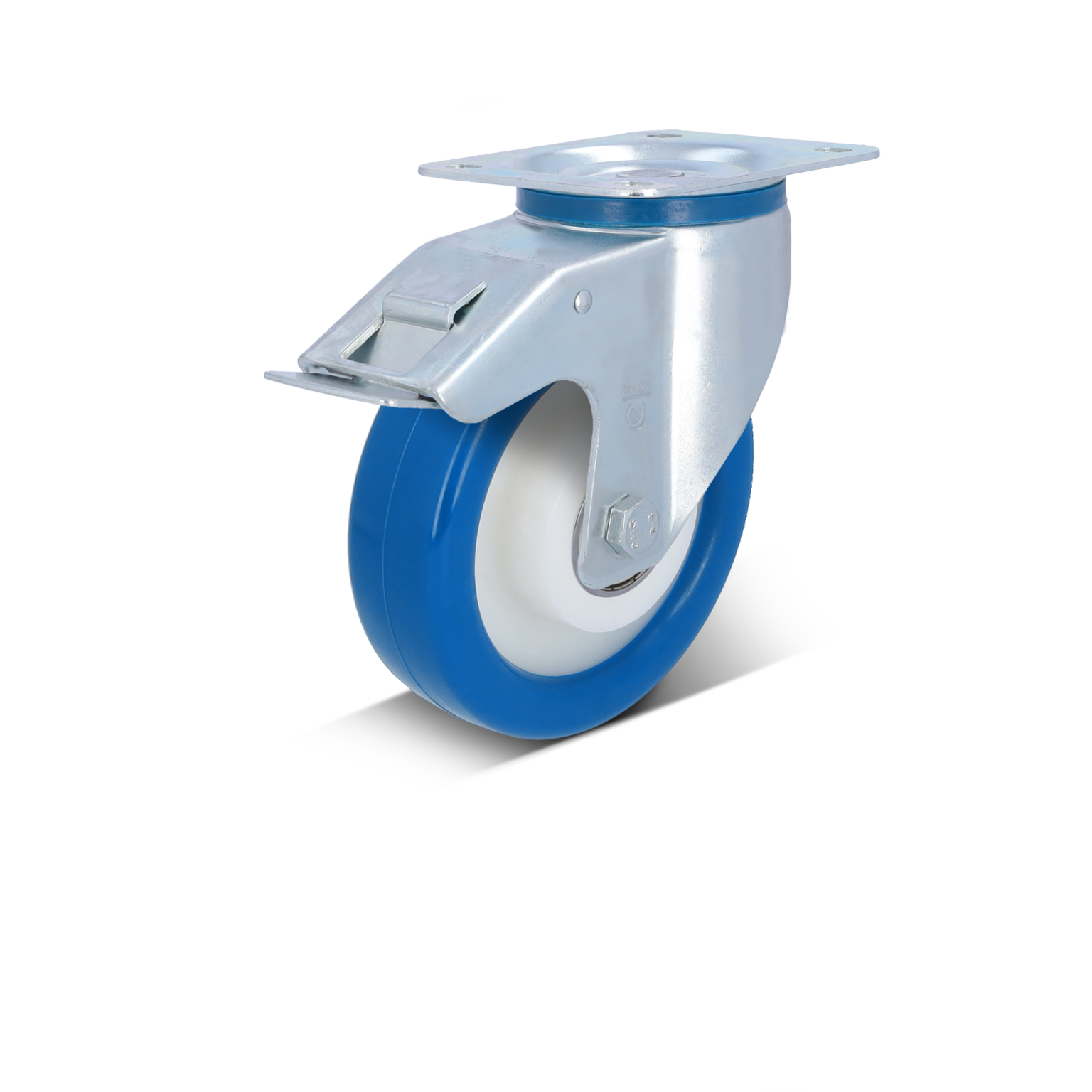 Blaue industrielle Rolle mit einem weißen Gummiüberzug und einer metallischen Halterung. Die Halterung hat eine flache Platte mit einer Befestigungslasche. Hintergrund ist schwarz.
