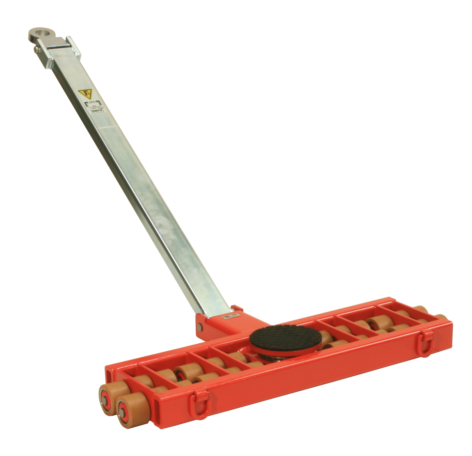 A lifting device features a long metal handle and a red platform with rollers. The platform has a rubber section for stability, designed for transporting heavy loads in industrial settings.