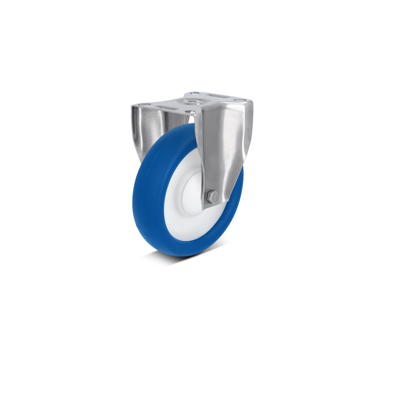 Een blauw rubberen wiel met een witte binnenrand is bevestigd aan een metalen bevestigingsplaat. Het wiel is ontworpen voor gebruik in intralogistiek en materieelhandling.