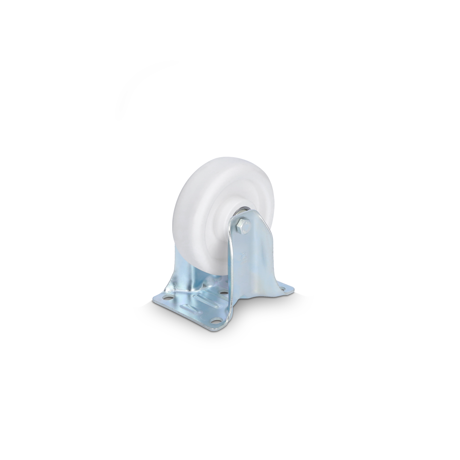 A white industrial wheel is mounted on a metal bracket with a shiny finish, featuring four holes for easy attachment. The background is plain, emphasizing the component-s design and function.