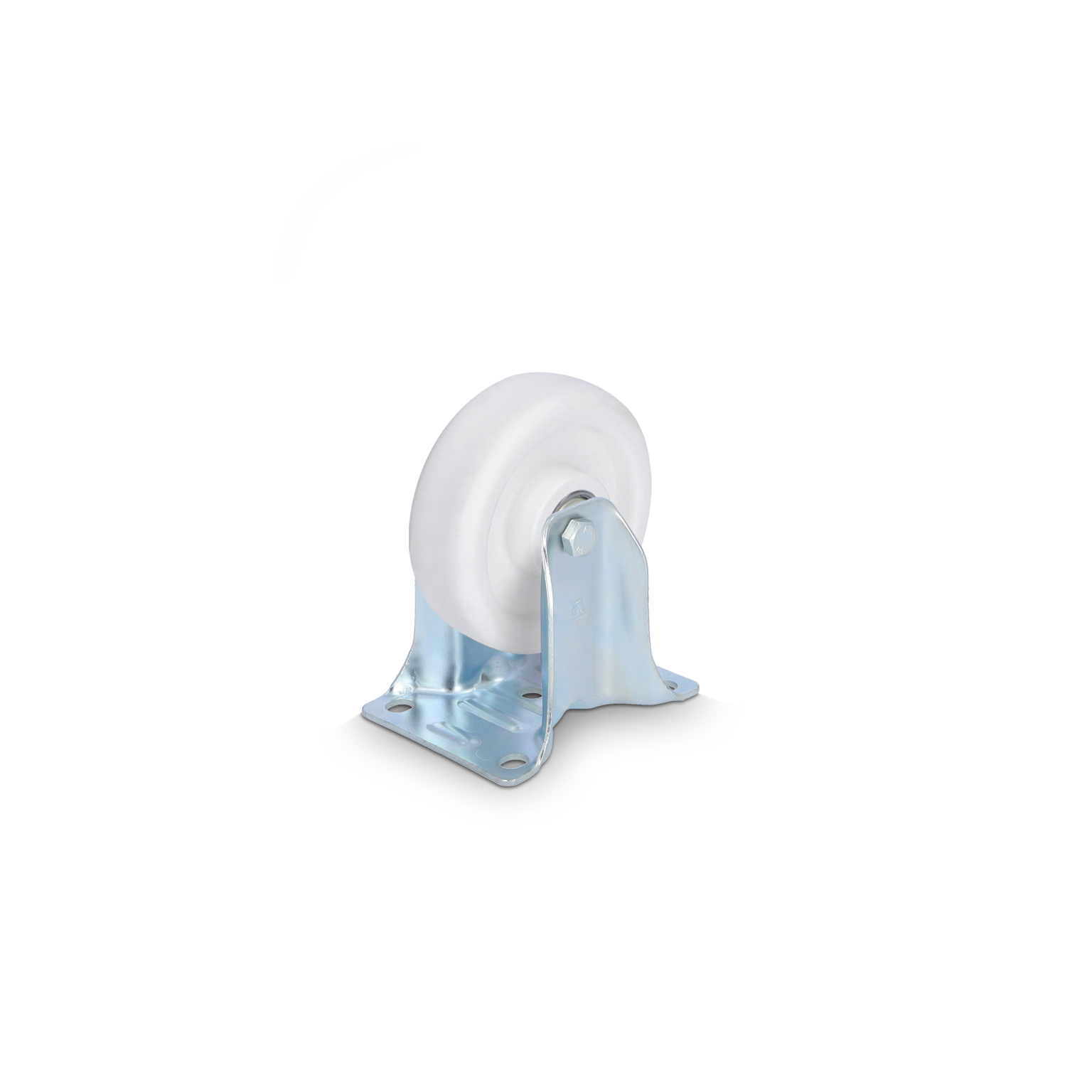 A white industrial wheel is mounted on a metal bracket with a shiny finish, featuring four holes for easy attachment. The background is plain, emphasizing the component-s design and function.