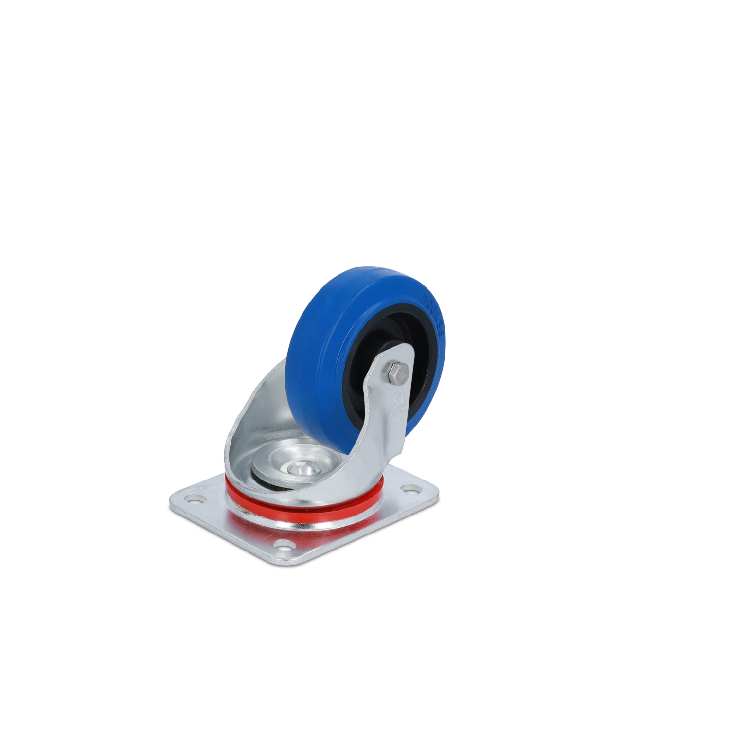 A blue rubber wheel is mounted on a silver metal swivel frame with a rectangular base plate. The wheel features a black tire and a visible internal bearing.