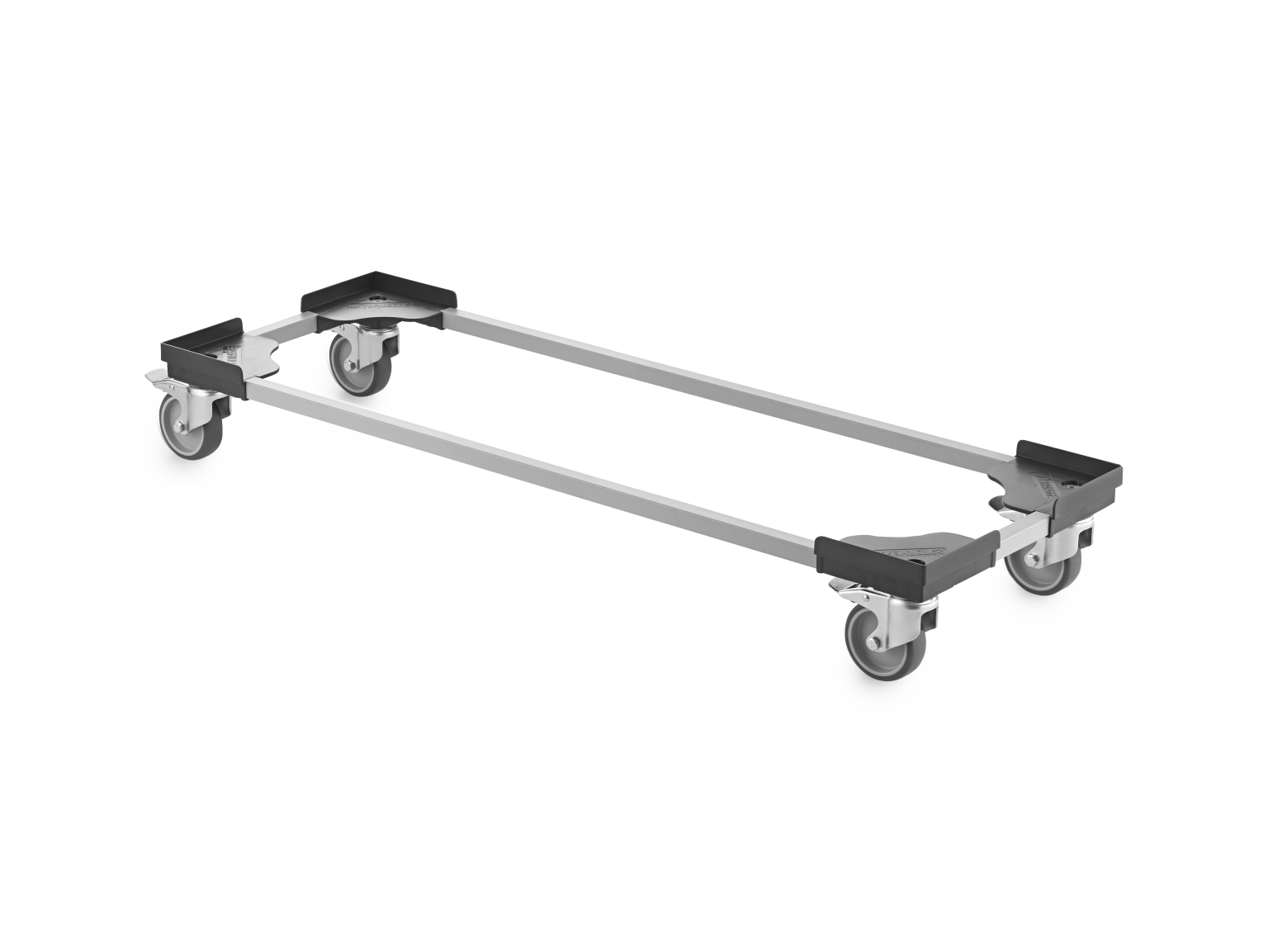 Transport trolley features a rectangular frame made of metal with four swivel castors attached at each corner. The trolley is positioned against a plain background, showing its functional design.
