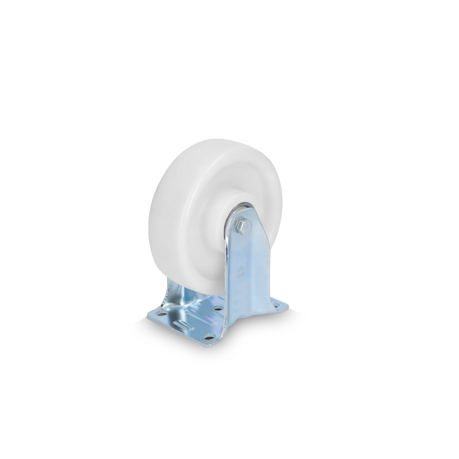 A white plastic caster wheel mounted on a metallic bracket. The base plate features four holes for attachment, and the wheel is designed for smooth movement in industrial contexts.