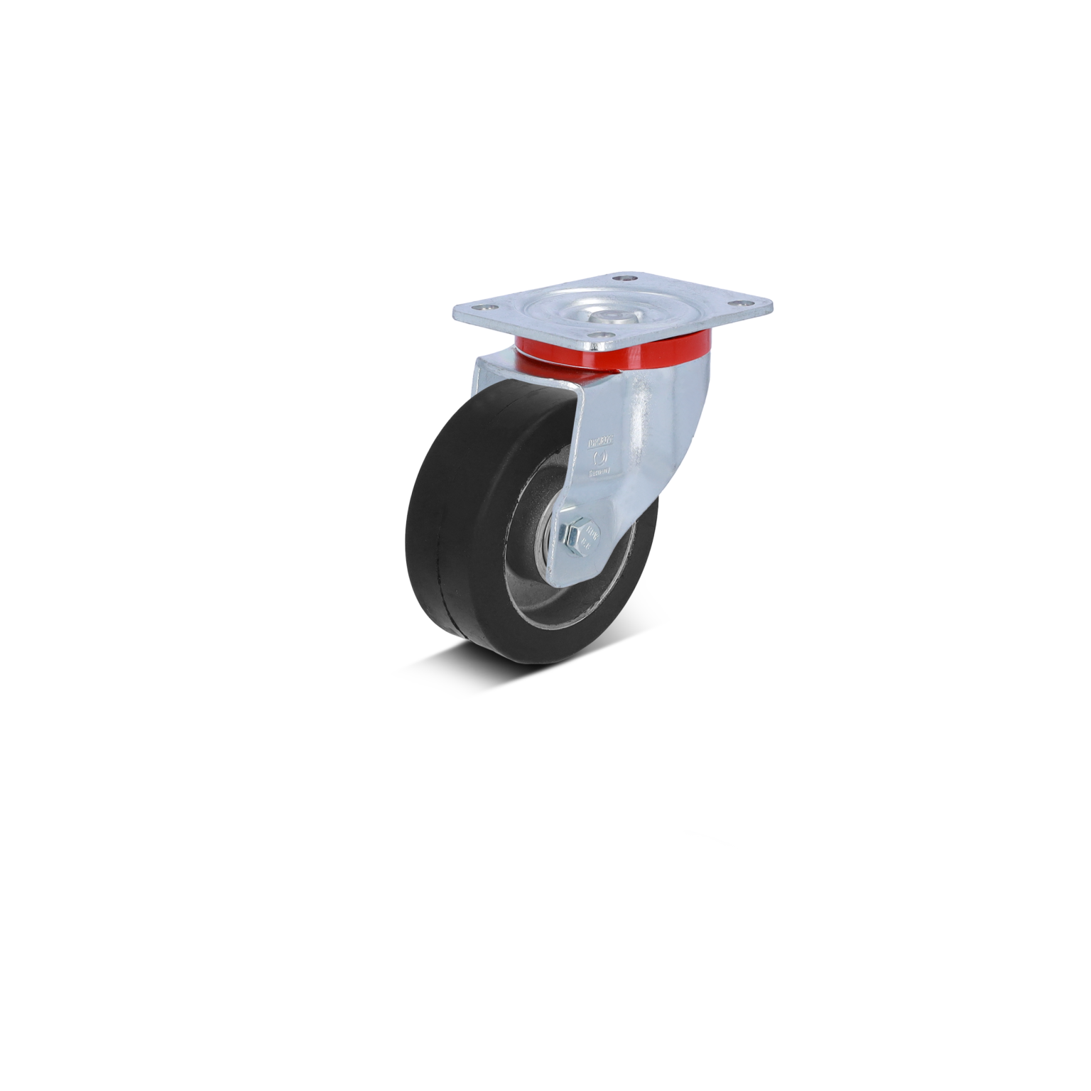 Ein schwarzer Rollen mit einer Metallbefestigung, die einen rot umrandeten Bereich zeigt. Der Rollenkörper ist aus einem flexiblen Material gefertigt, ideal für den Einsatz in industriellen Anwendungen.